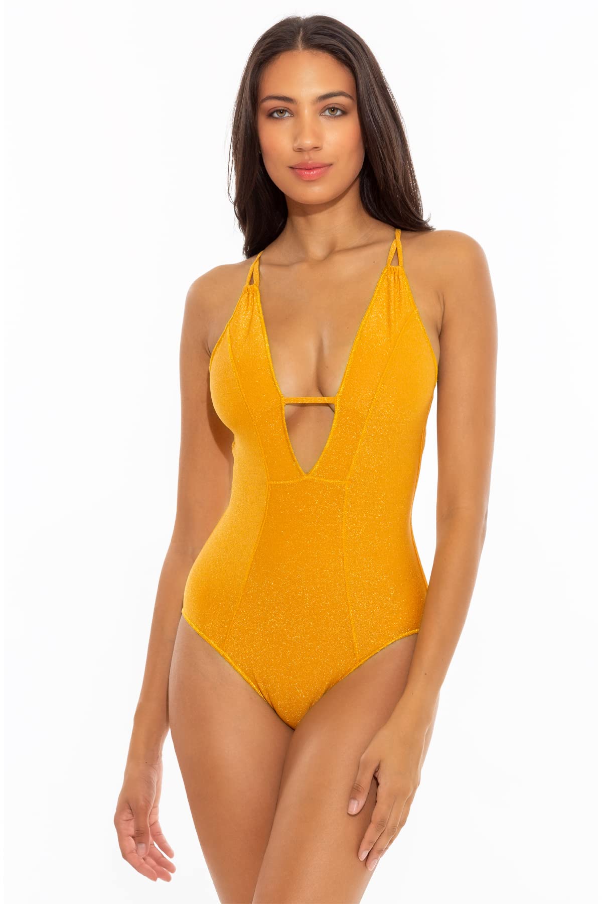 Becca by Rebecca Virtue Women's Elizabeth Plunge One Piece Swimsuit - Gold | Sexy High Cut Bathing Suit for Beach, Pool & Vacation | Tummy Control & Push Up Design