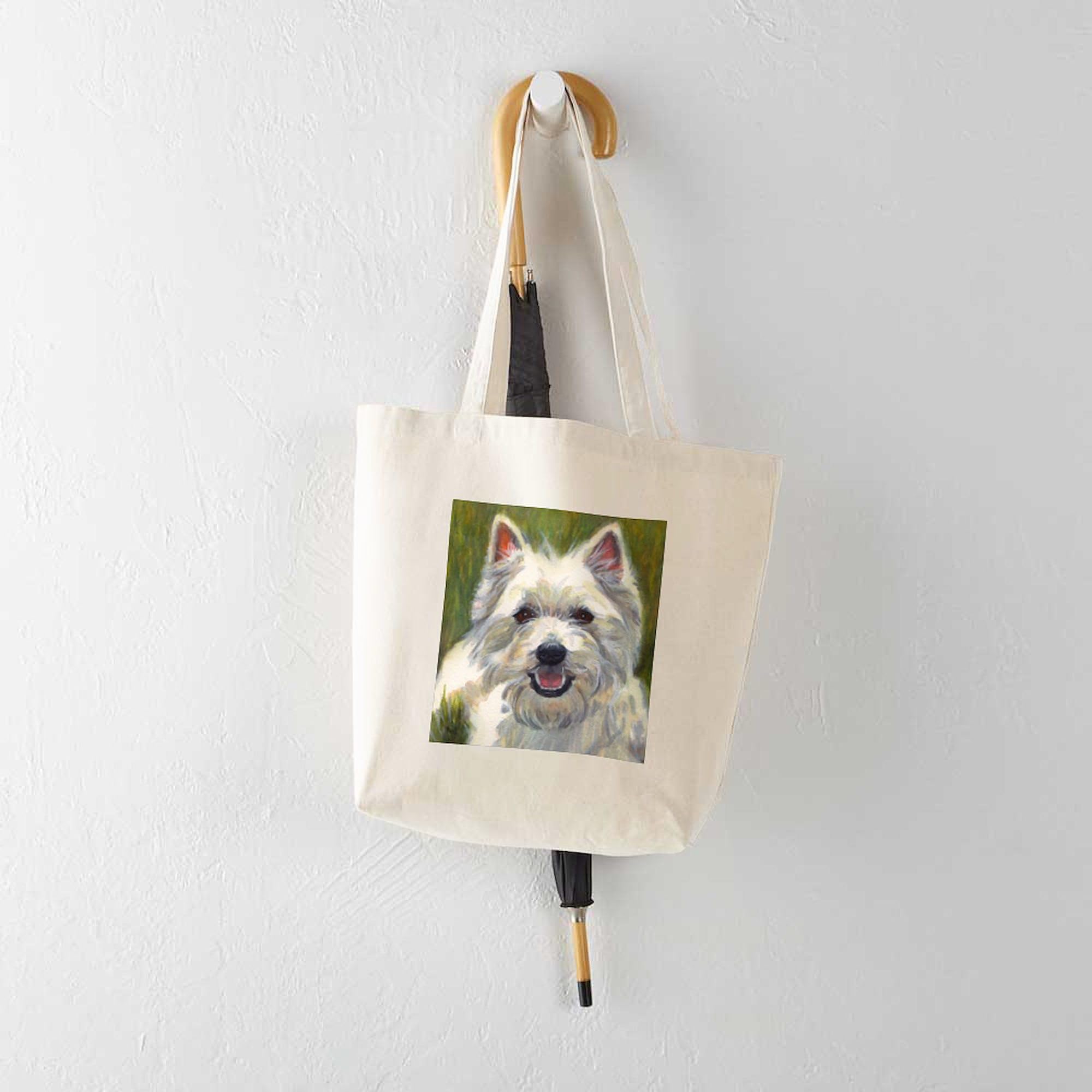 Happy Westie Tote Bag - Natural Canvas Reusable Shopping Bag for Groceries, Beach & Daily Use | Eco-Friendly Cotton Tote with Cute Dog Design