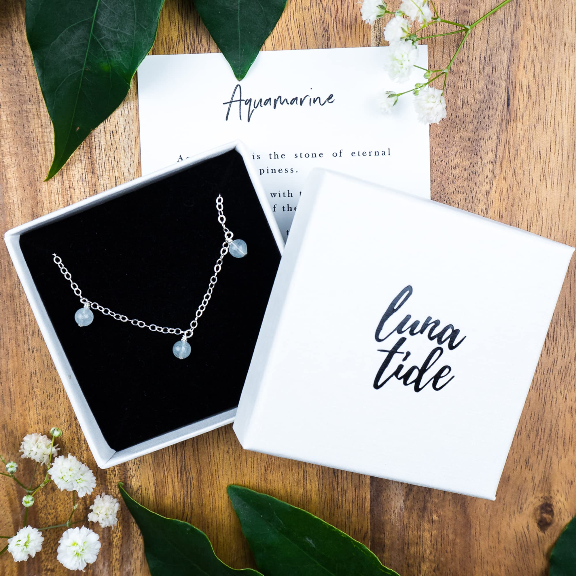 Luna Tide Aquamarine Bead Drop Sterling Silver Anklet - Elegant Beach Jewelry for Summer Outfits & Boho Style