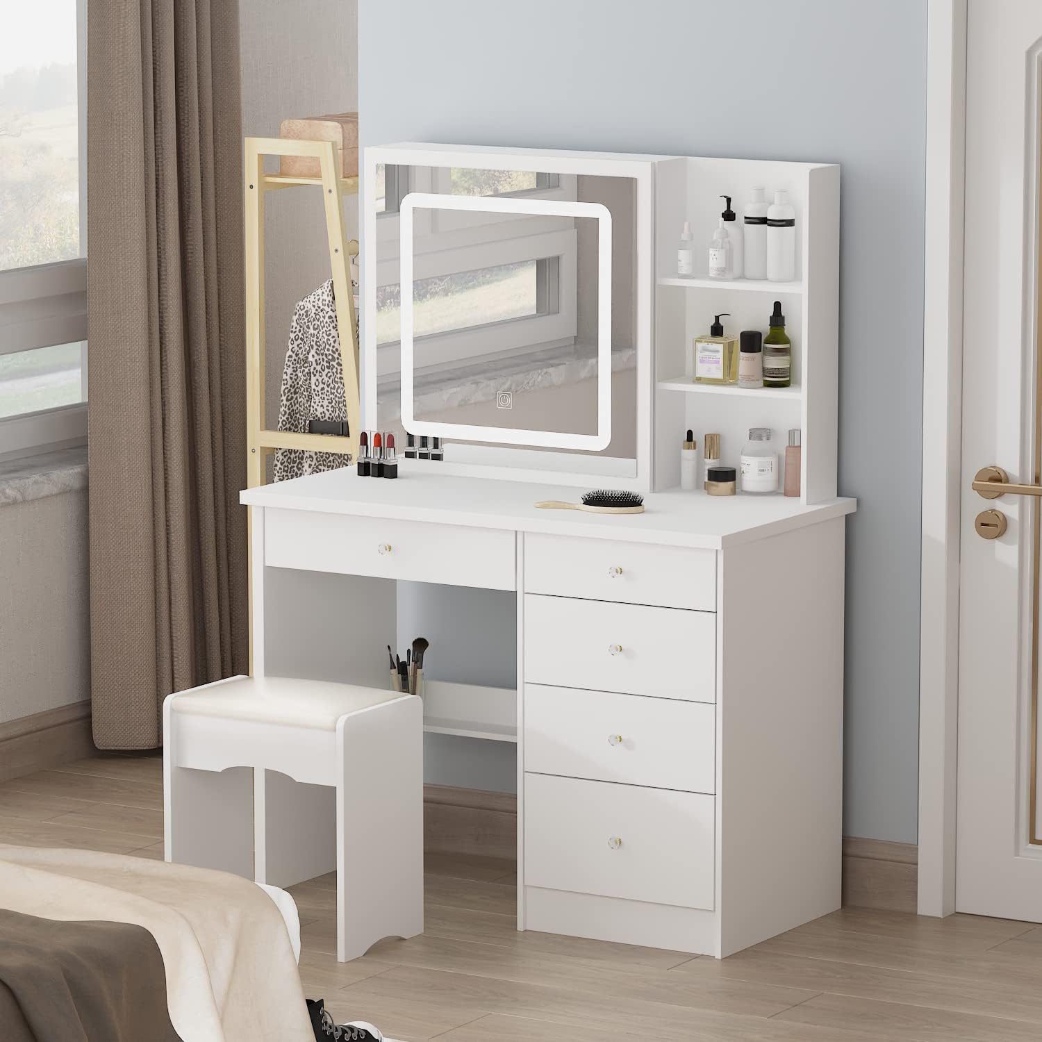 Homsee White Vanity Desk Set with Large LED Mirror & 5 Drawers - Makeup Dressing Table with Storage Shelves & Cushioned Stool for Bedroom - Perfect for Beauty Routine, Cosmetics Organization & Home Decor