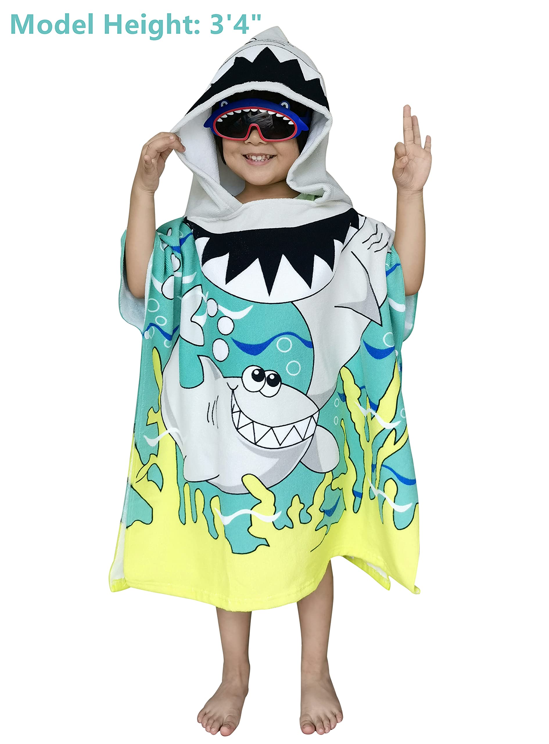 Ultra Soft Microfiber Poncho Towel for Babies & Toddlers - Quick Dry Bath Swim Beach Wrap - Great White Shark Design - Perfect for Pool, Beach & After Bath Time