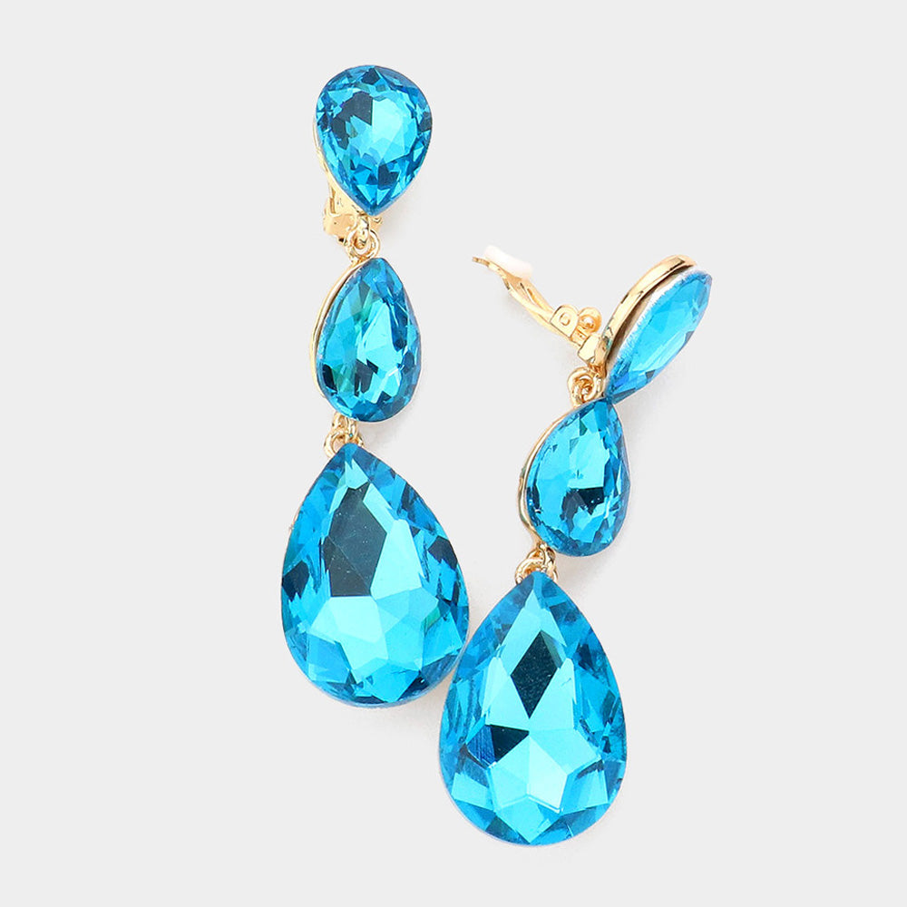 Aqua Crystal Triple Teardrop Clip-On Pageant Earrings for Women - Elegant Rhinestone Bridal Party Jewelry - Perfect for Prom, Wedding & Special Occasions