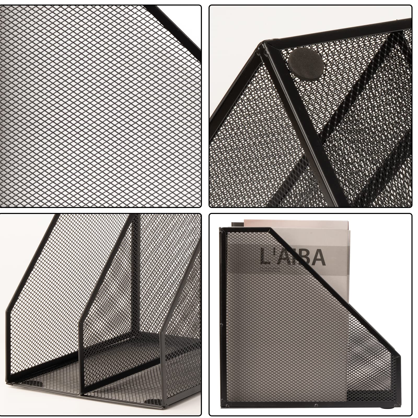 2-Pack Metal Wire Magazine Holders - 2 Compartment Mesh File Organizer for Desk, Office Accessories & Decorative Storage Box (Black) - Perfect for Home Office, Study Desk & Workspace Organization