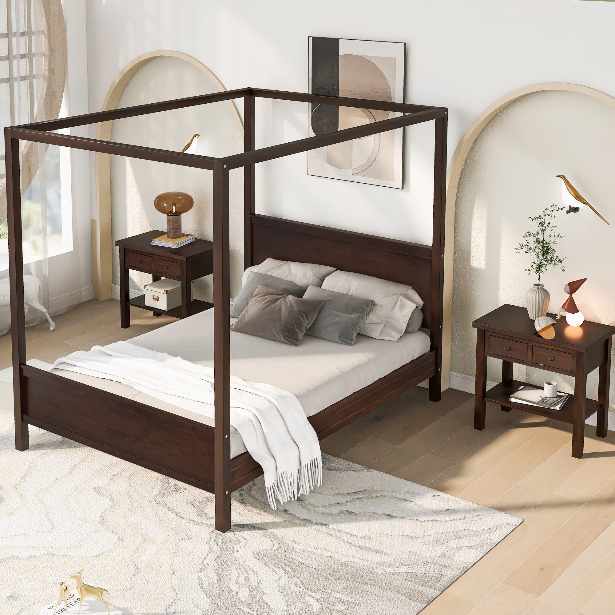 Queen Size Wood Canopy Bed with 2 Nightstands - Modern Kids Bedroom Set for Girls, Boys & Teens - Espresso Finish - Customizable Decor for Bedrooms, Dorms & Guest Rooms