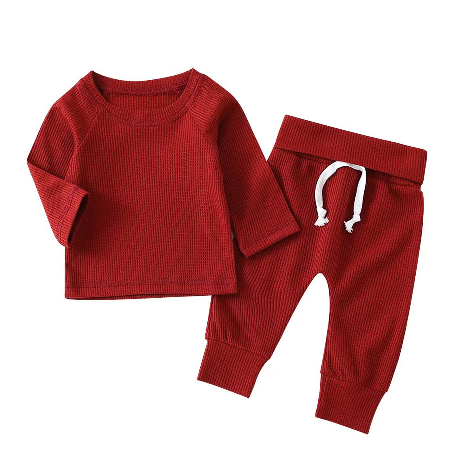Newborn Baby Boys & Girls Fall Winter Outfits - Soft Waffle Knit Long Sleeve Pullover & Drawstring Pants Set - Cozy Basic Solid Color Romper for Infant Daily Wear & Photo Shoots