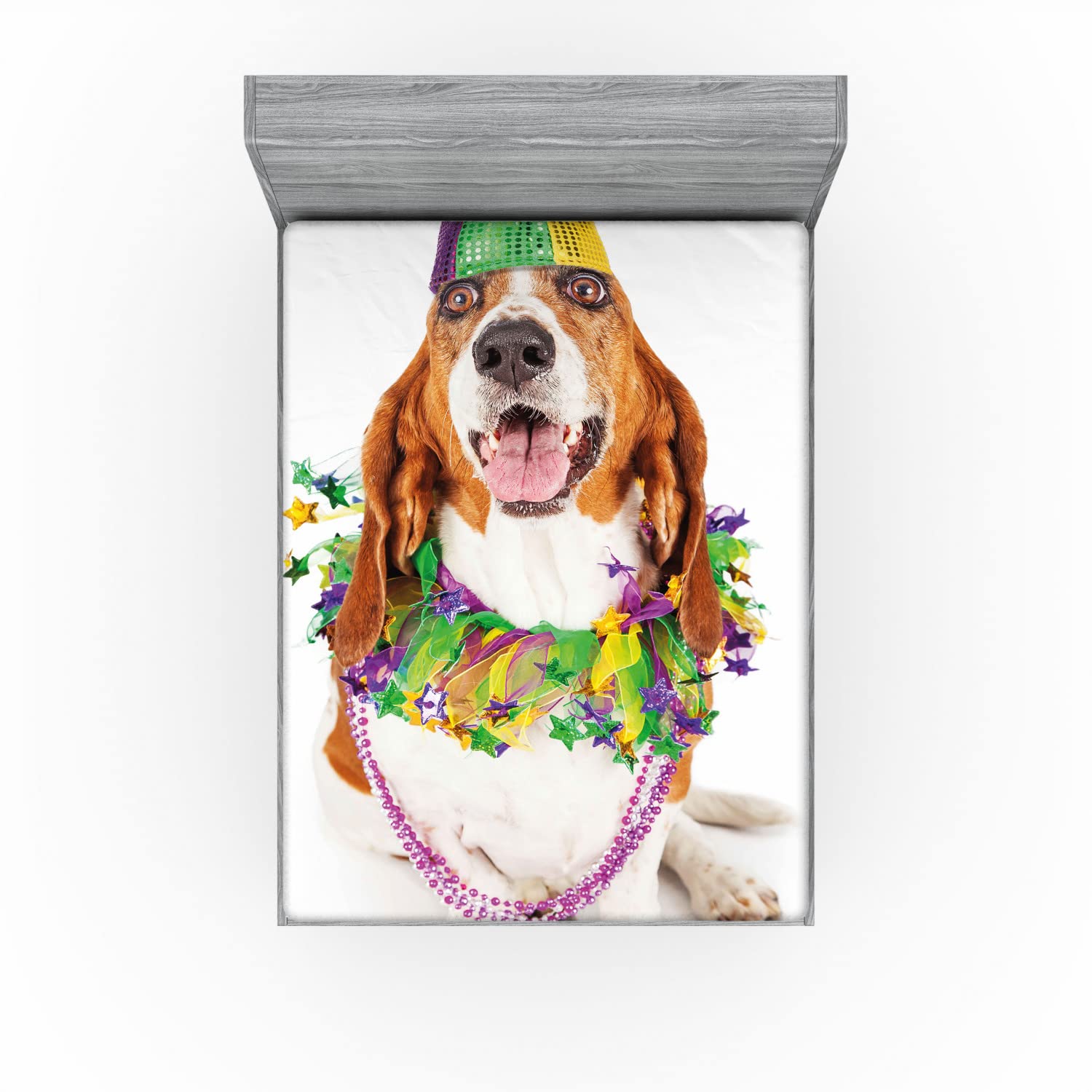 Happy Smiling Basset Hound Fitted Sheet - Queen Size for Mardi Gras & Dog Lovers