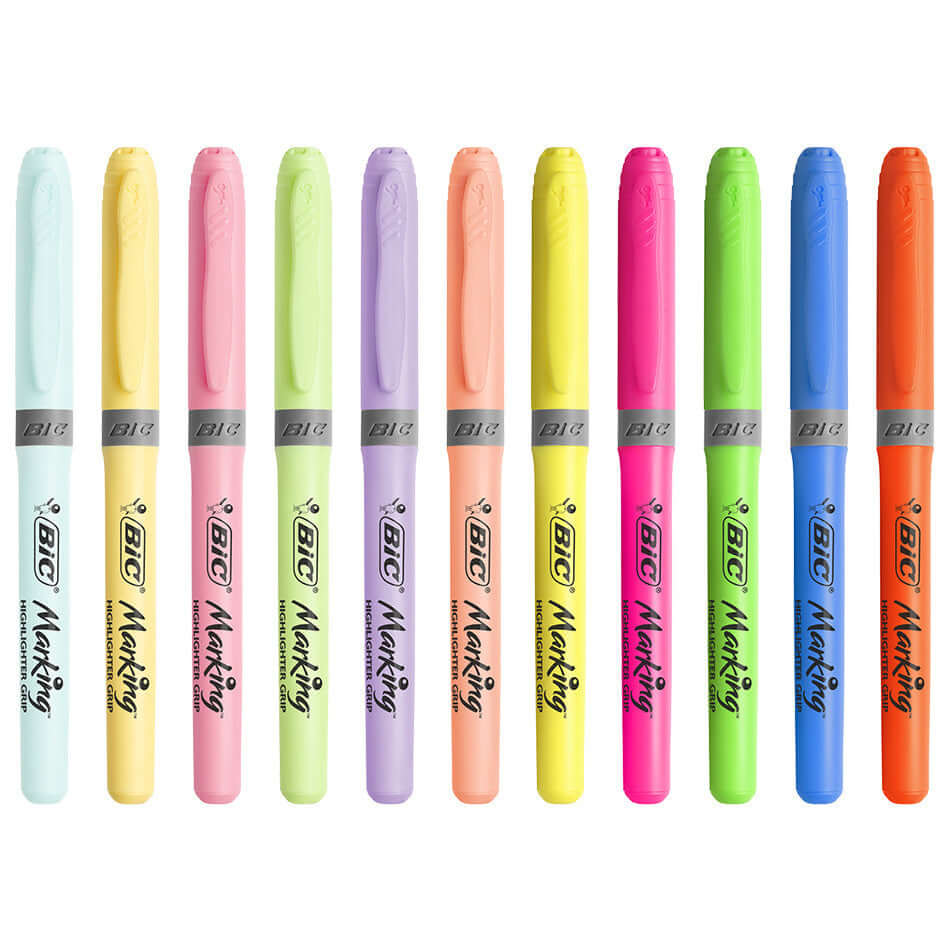 BIC Grip Pastel Highlighters - 12 Assorted Colors for School, Office & Study Notes | Smooth Writing & Comfortable Grip