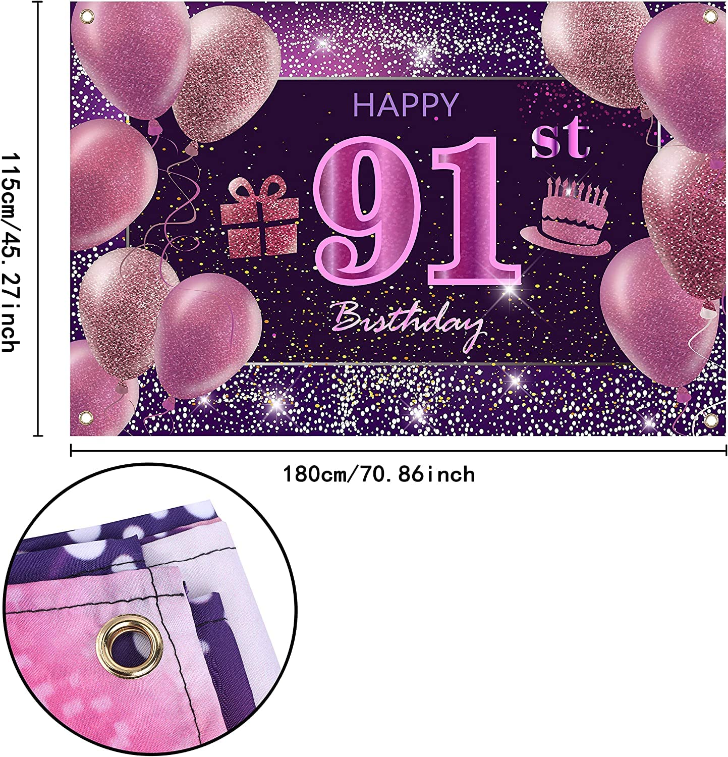 91st Birthday Decorations for Women - Pink Happy Birthday Banner & Party Backdrop - Perfect for Milestone Celebrations, Photo Booths & Themed Parties