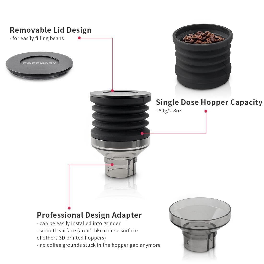 Eureka Mignon Espresso Grinder Single Dose Hopper with Silicone Bellow - Transparent Coffee Grounds Adapter for Reducing Waste & Improving Freshness - Perfect for Home Baristas & Coffee Enthusiasts