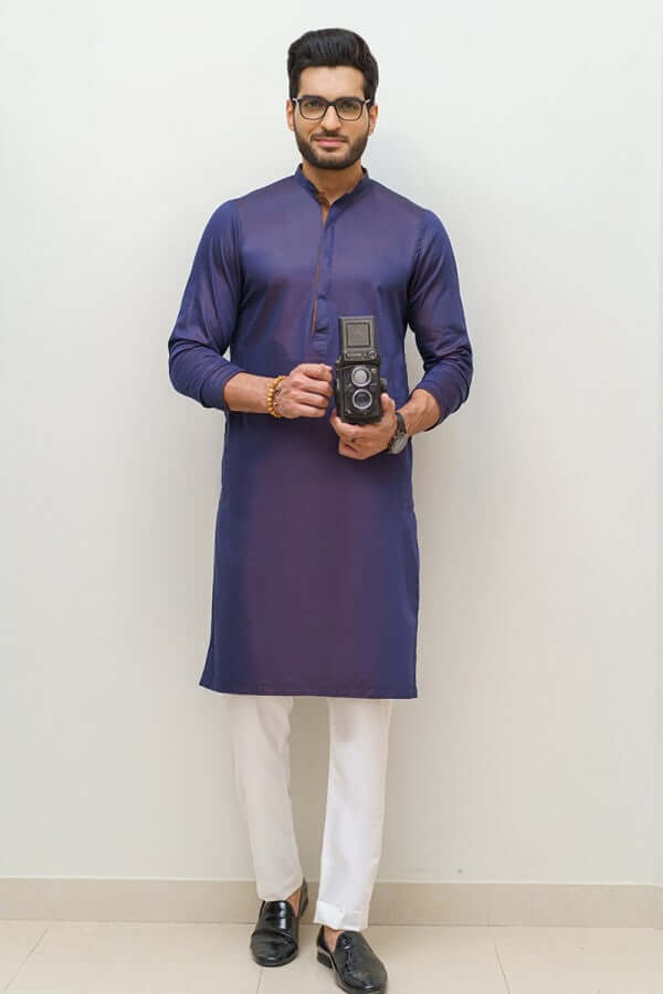 Stylish Blueish Purple and Brown Kurta with White Pyjama Set - Comfortable Ethnic Outfit for Festivals, Parties & Casual Wear