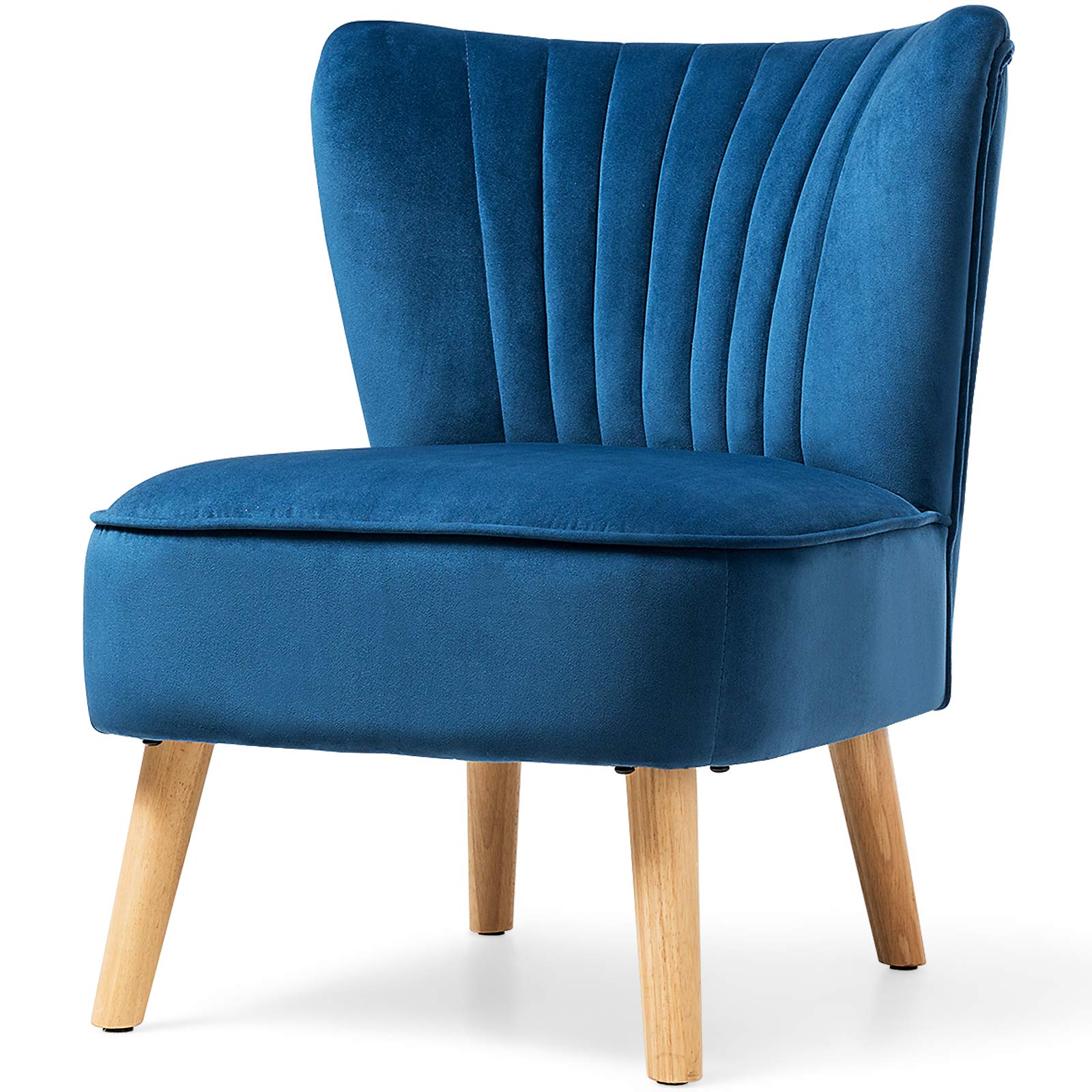 Velvet Modern Armless Accent Chair with Rubber Wood Legs & Thick Sponge Seat - Upholstered Wingback Leisure Sofa for Living Room, Bedroom & Office - Blue Comfort Chair for Relaxing, Reading & Small Space Decor