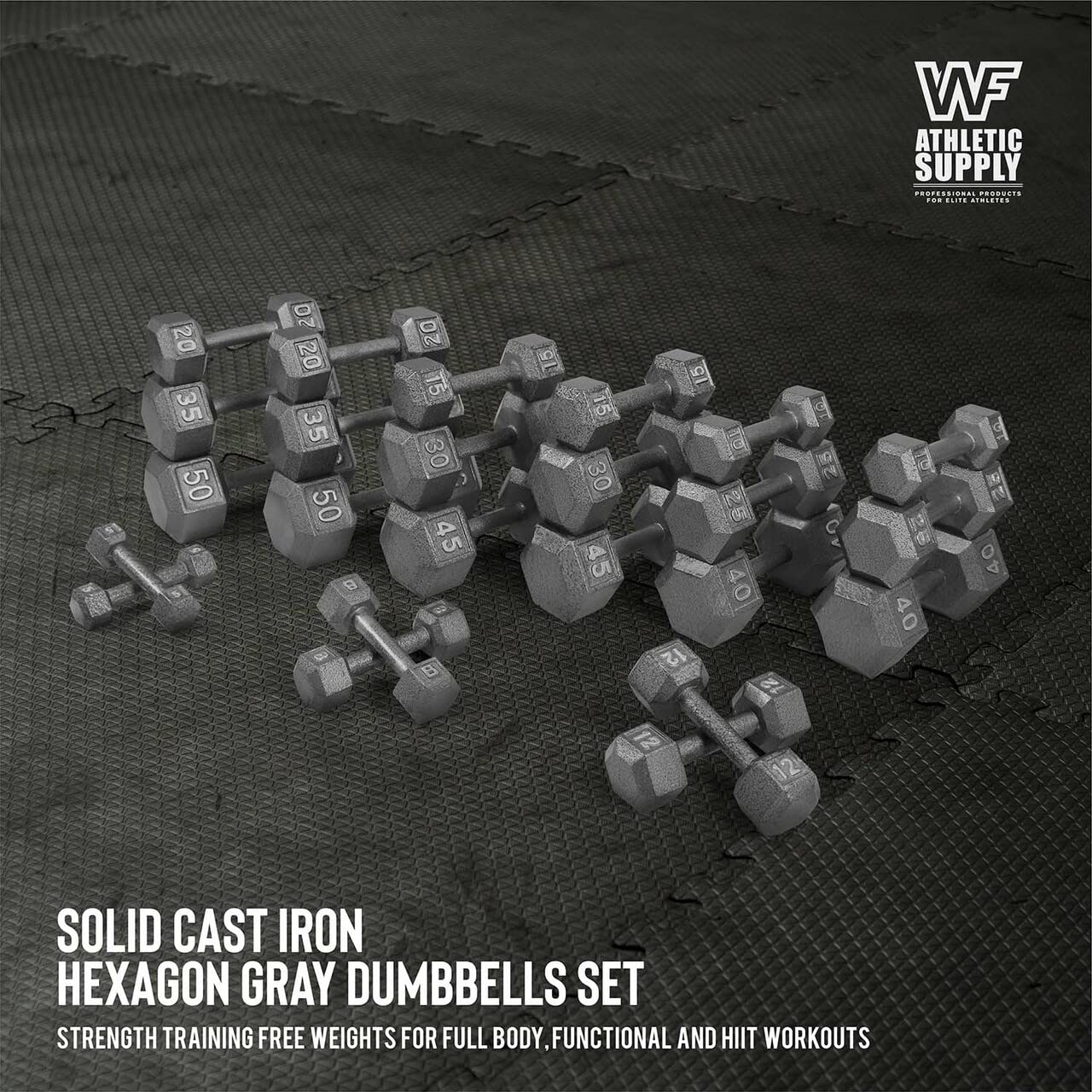 CAPHAUS Cast Iron Hex Dumbbell Set - Heavy Duty Strength Training Weights for Home Gym, Men & Women - Solid Hexagon Grey Free Weights (With/Without Rack Options) - Perfect for CrossFit, HIIT & Full-Body Workouts