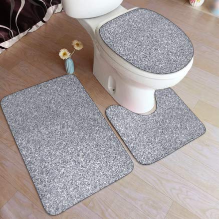 Silver Sequins Bathroom Rug Set - 3 Piece Non-Slip Bath Mat, Contour Mat & Toilet Lid Cover - Luxury Shaggy Bath Mats for Modern Bathrooms - Soft & Absorbent for Bath, Shower & Vanity Areas
