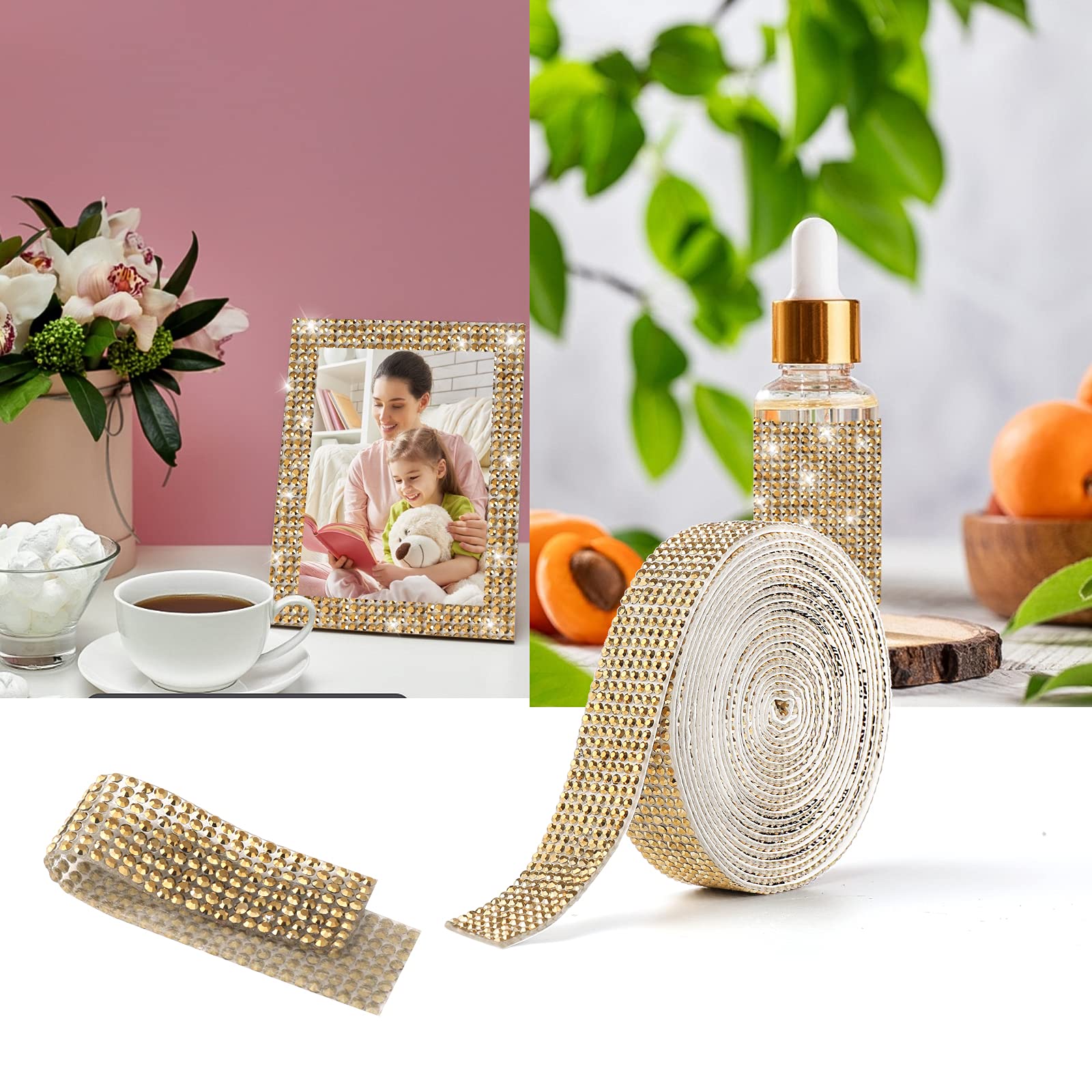 Self-Adhesive Crystal Rhinestone Diamond Ribbon - Gold Rhinestone Decorative Sticker with 2mm Rhinestones for Car Decoration, DIY Crafts, Nail Art, Phone Cases & Home Decor (Gold, 1.2 Inch x 3 Yards)