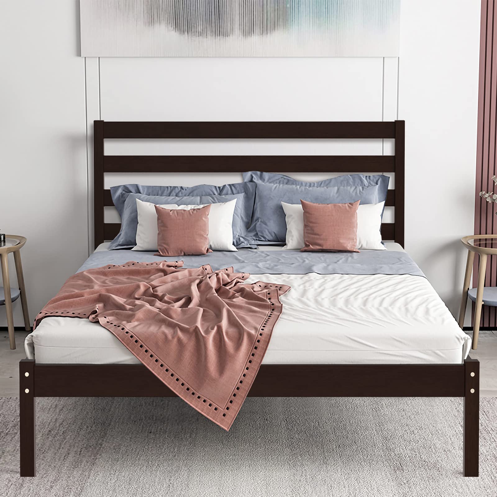 NAFOR Solid Wood Platform Bed Frame with Headboard - Sturdy Wood Slat Support, No Box Spring Needed - Easy Assembly in Espresso Finish | Perfect for Modern Bedrooms, Guest Rooms & Small Spaces