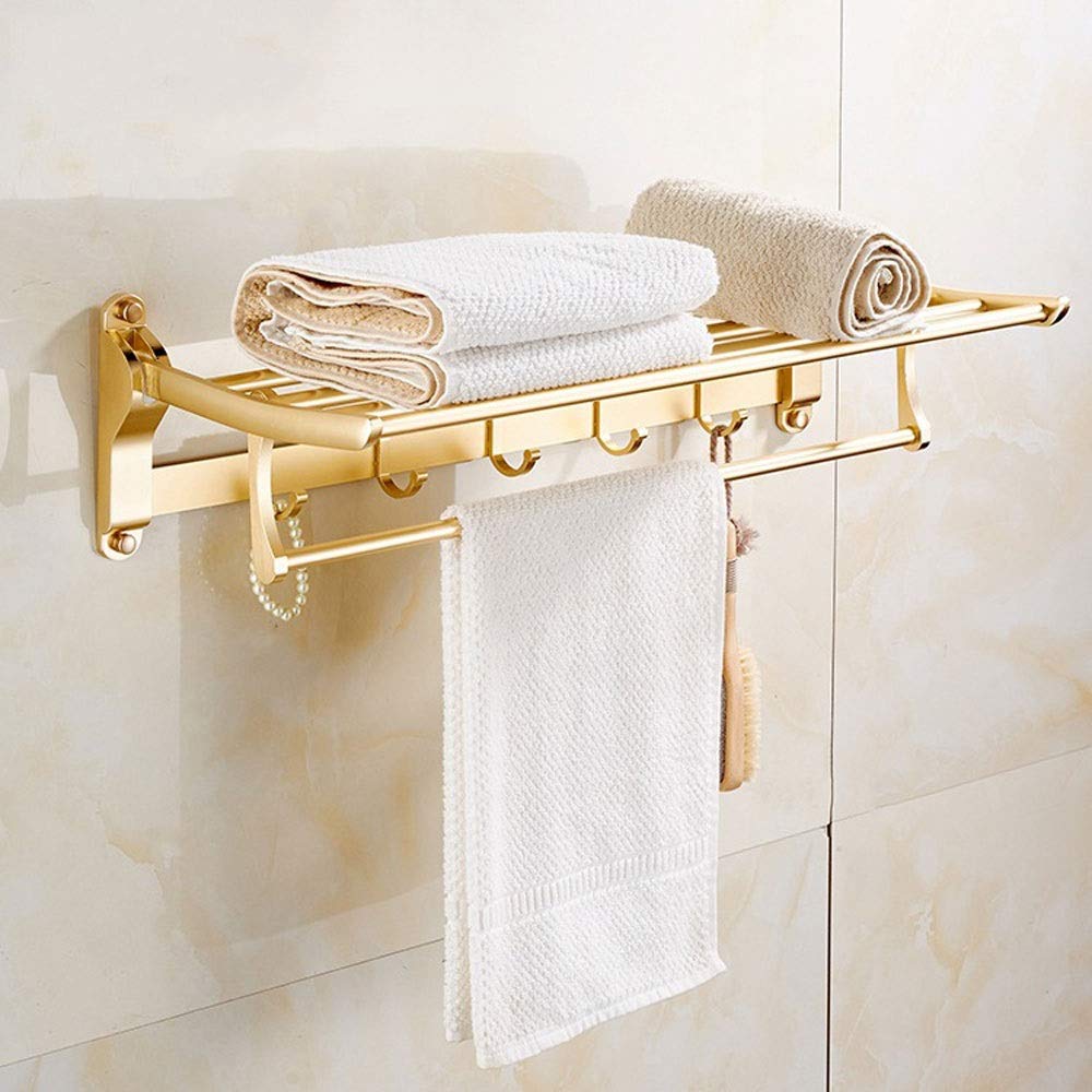 Multi-Function Bathroom Shelf - Space Saving Aluminum Shower Towel Holder - Wall Mounted Double Layer Shelves - Foldable Rustproof Towel Rack for Bathroom & Hotel - 4 Bars & 4 Hooks (Gold) - Perfect for Small Bathrooms, Showers, and Spa Areas
