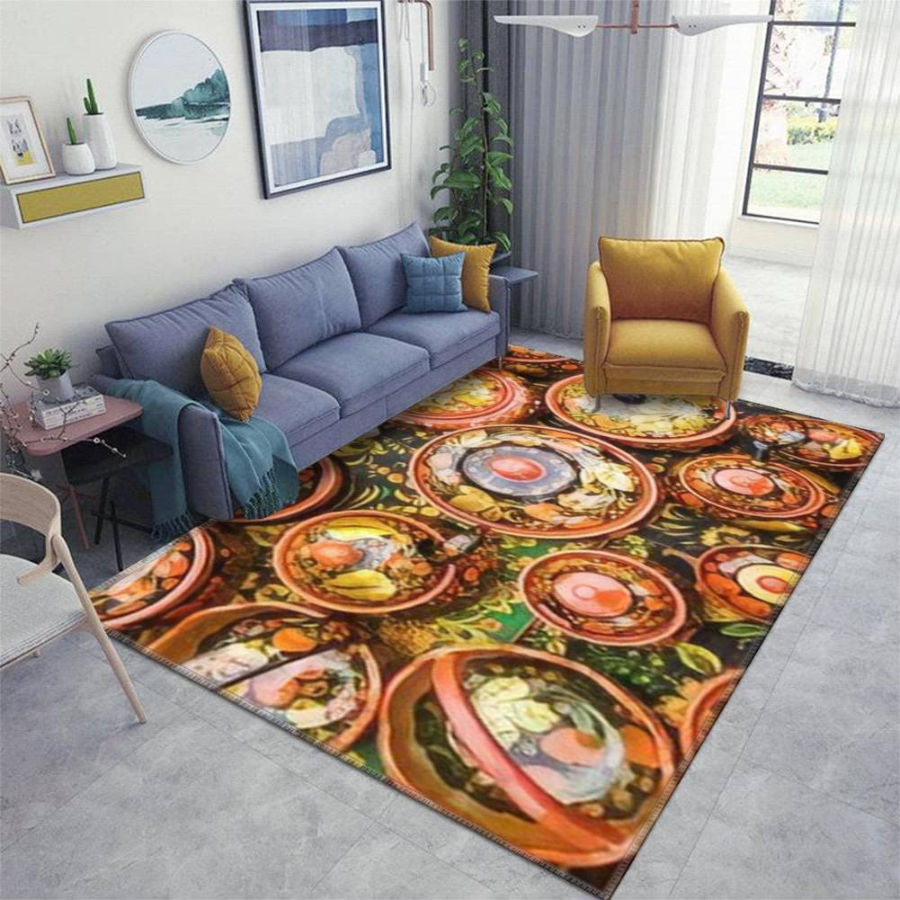 Traditional Russian Khokhloma Wooden Utensils Non-Slip Washable Indoor/Outdoor Rug - Playmat for Kids, Living Room, Bedroom & Playroom - Durable Floor Carpet for Home Decor