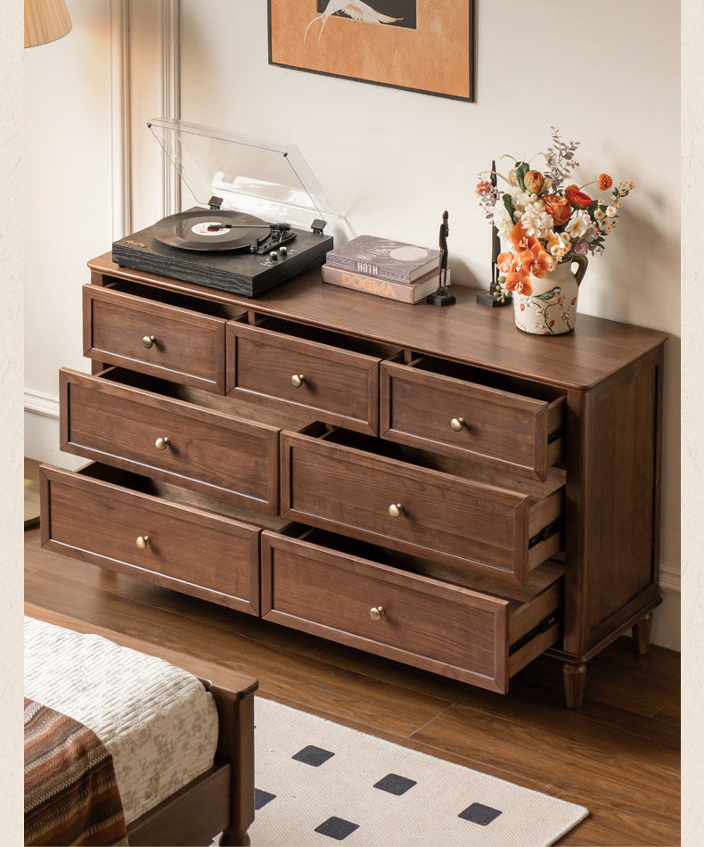 Solid Black Walnut Wood American Retro Dresser - Vintage 5-Drawer Chest for Bedroom, Living Room & Home Office Storage