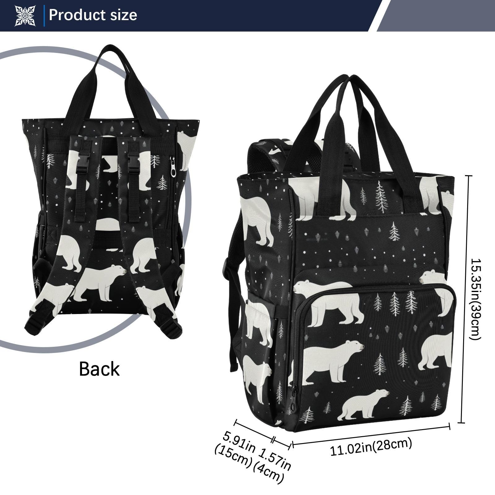 Waterproof Polar Bear Black Diaper Backpack - Large Capacity Baby Bag with Insulated Pockets & Stroller Straps for Travel, Daycare & Outings - Unisex Design for Women, Men, Moms, Boys & Girls - One Size Fits All