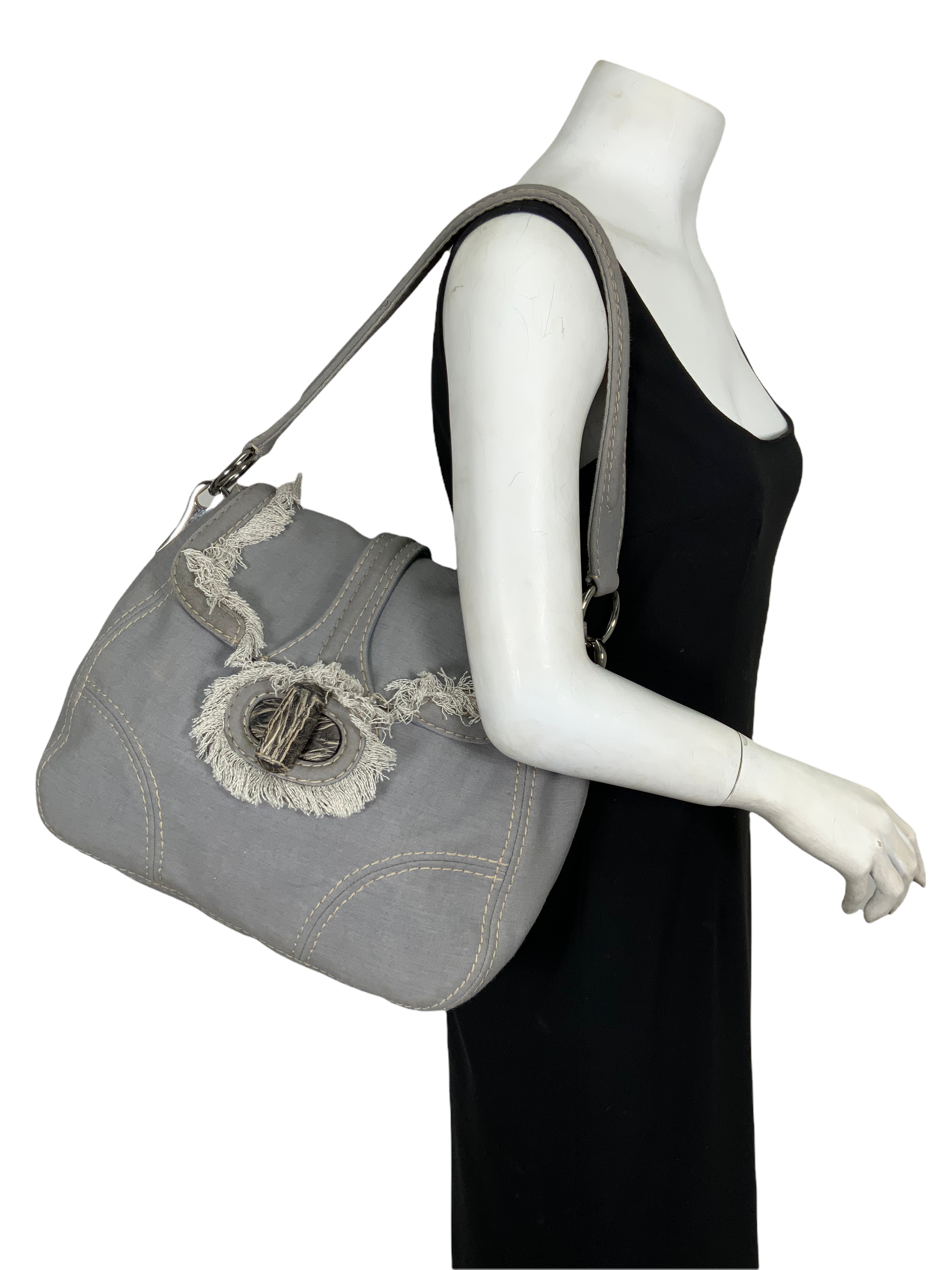 Prada Pattina Sottospalla Denim Fringe Large Flap Shoulder Bag - Stylish Designer Handbag for Women, Perfect for Casual Outings, Parties & Daily Use