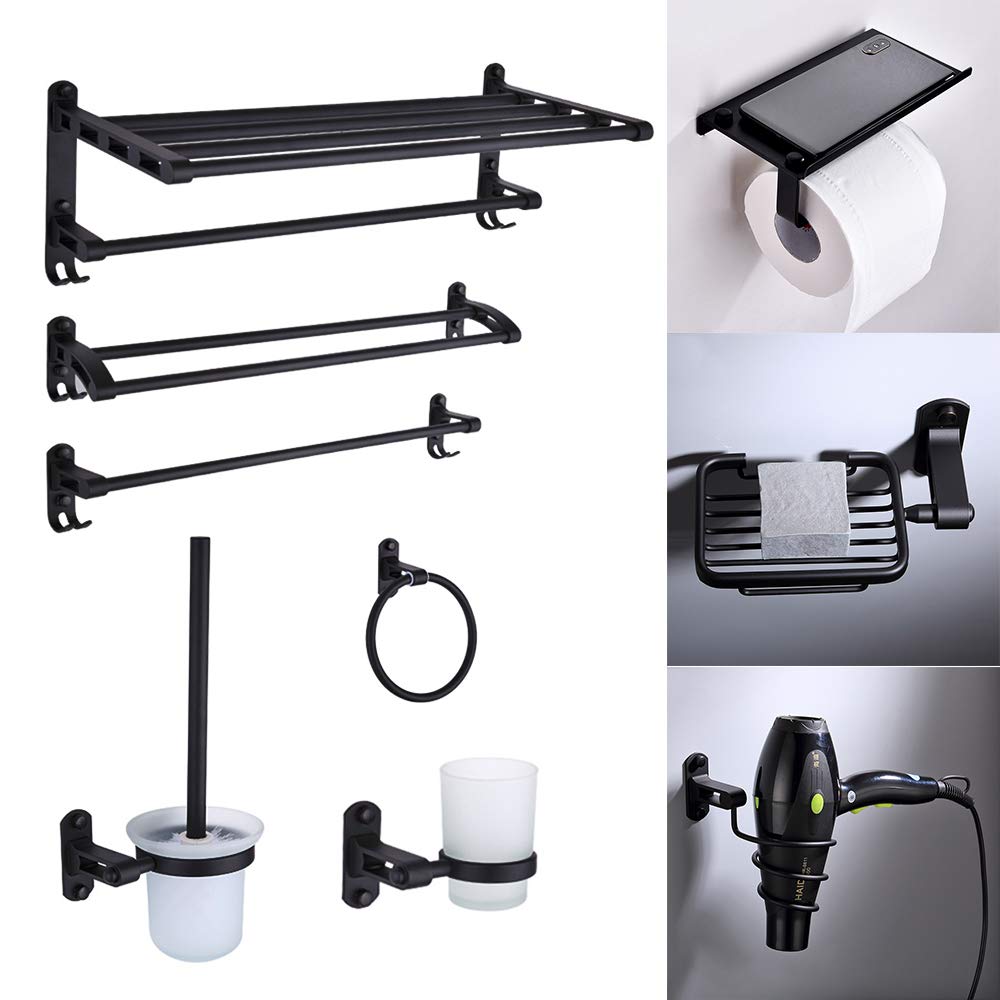 9-Piece Matte Black Bathroom Accessory Set - Wall Mounted Towel Bar with Double Rod, Towel Ring, Hair Dryer Holder, Toilet Paper Holder & Brush Holder - Modern Bathroom Organization for Home & Hotel Use