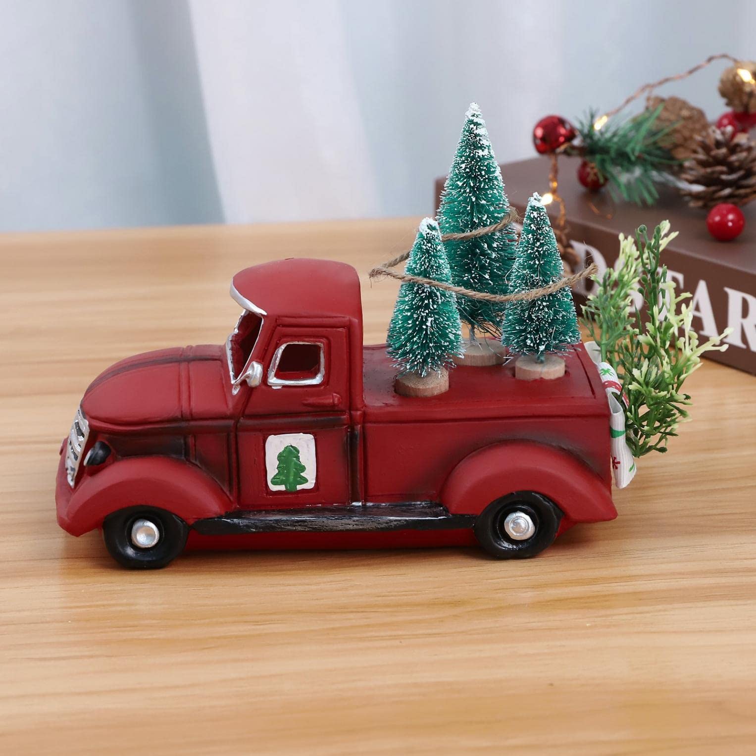 Vintage Red Pickup Truck Christmas Decor - Farmhouse Holiday Table Centerpiece for Home, Kitchen, Xmas Tree Display - Perfect for Christmas, Winter, and Farmhouse Themed Decorations (Without Lights)