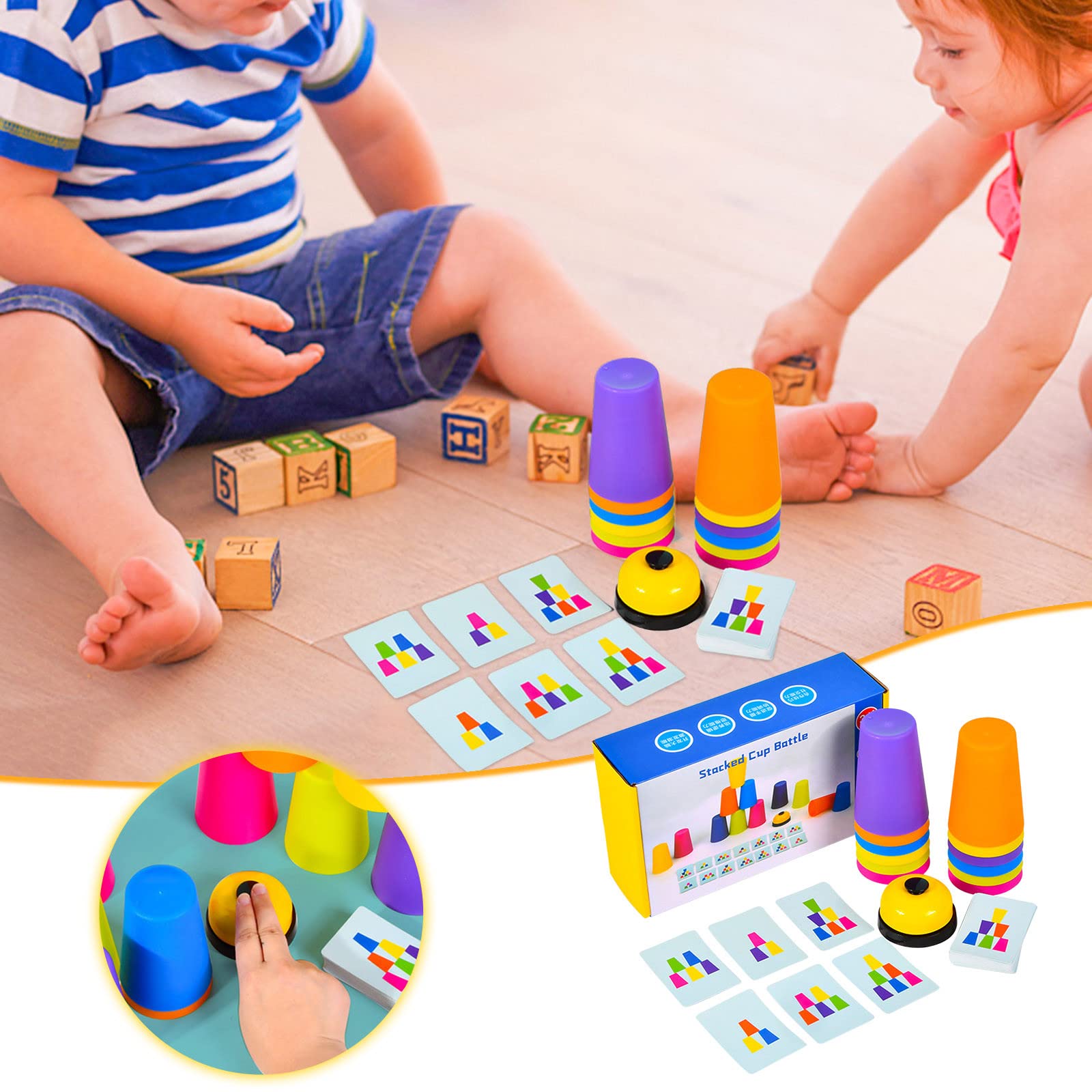 Stacking Cups Game - 12pcs Colorful Stacking Cups with 49 Question Cards & 1 Bell | Fun Family Board Game for Kids & Adults | Improves Hand-Eye Coordination, Focus & Problem Solving Skills | Perfect for Parties, Classrooms & Family Game Nights