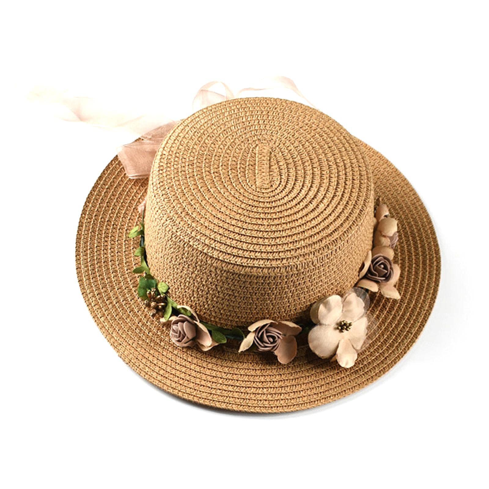 Women's Foldable Straw Sun Hat with Lace Bow - 55-60cm Khaki Panama Hat for Beach, Outdoor & Summer Activities | UV Protection Sunscreen Fisherman Hat for Seaside, Travel and Prom