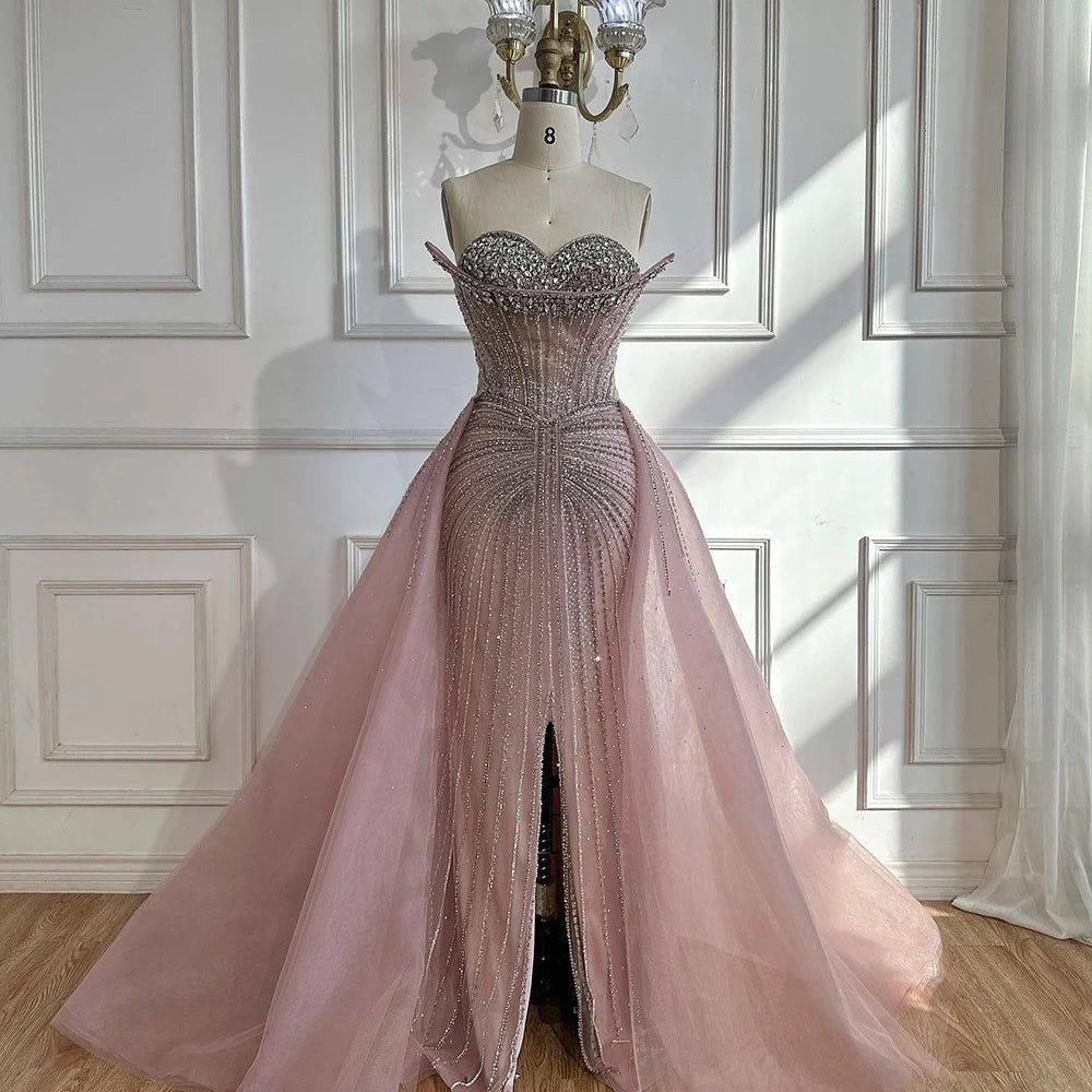 Luxury Dubai Nude Beaded Mermaid Evening Dress with Overskirt - Elegant Formal Gown for Prom, Wedding & Black Tie Events | LA72811