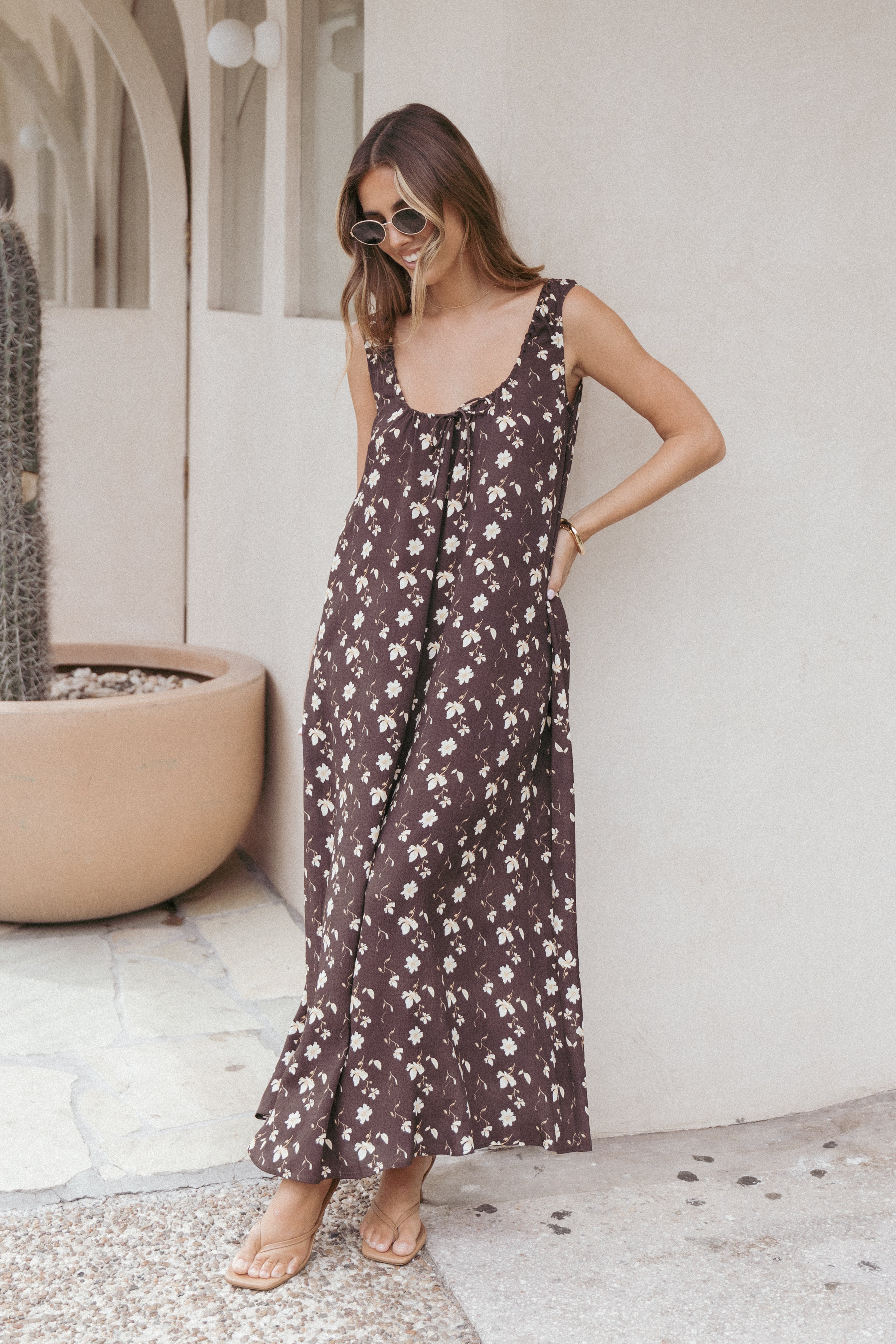 Bowman Maxi Dress for Women - Brown Floral Print Long Summer Dress, Boho Chic Beach Cover Up, Casual Sundress for Vacation & Outdoor Activities