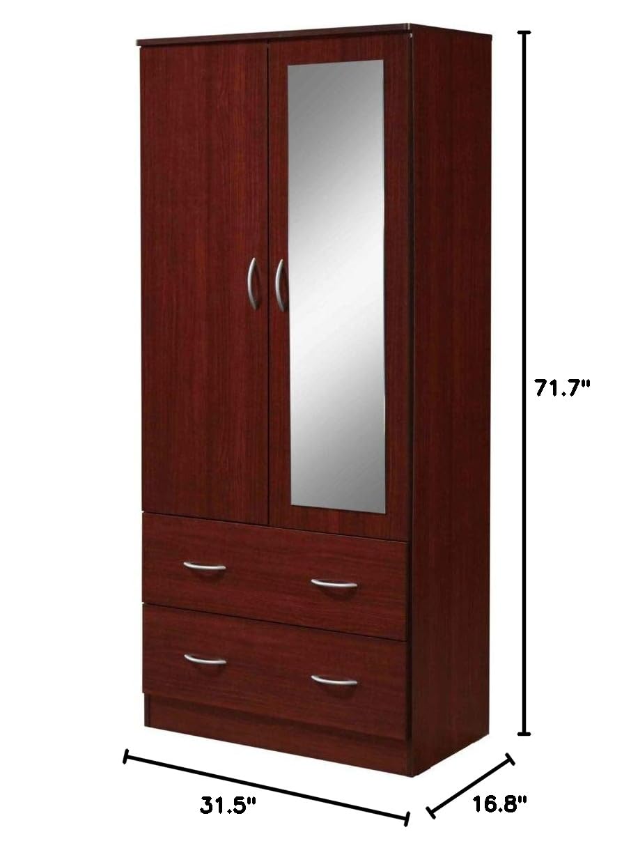 HODEDAH 2-Door Wood Wardrobe Closet with Mirror, Clothing Rod & 2 Storage Drawers - Mahogany Finish Bedroom Furniture for Organizing Clothes, Shoes & Accessories | Perfect for Master Bedroom, Guest Room & Dorm Organization