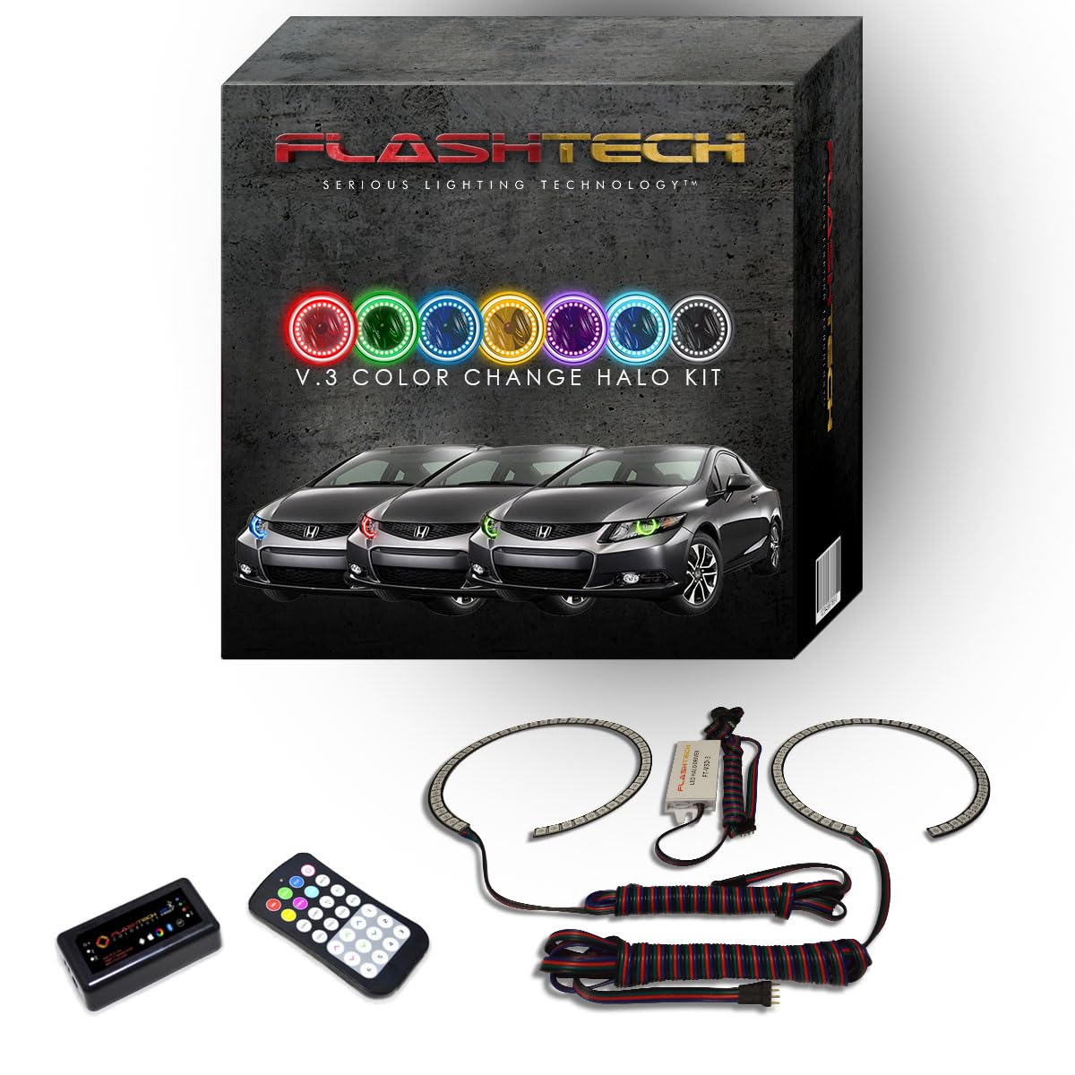 Flashtech LED RGB Multi-Color Halo Ring Headlight Kit with Bluetooth RF Remote & App Control - Compatible with Honda Civic 2012-2013 | Customizable Lighting for Car Enthusiasts & Night Driving