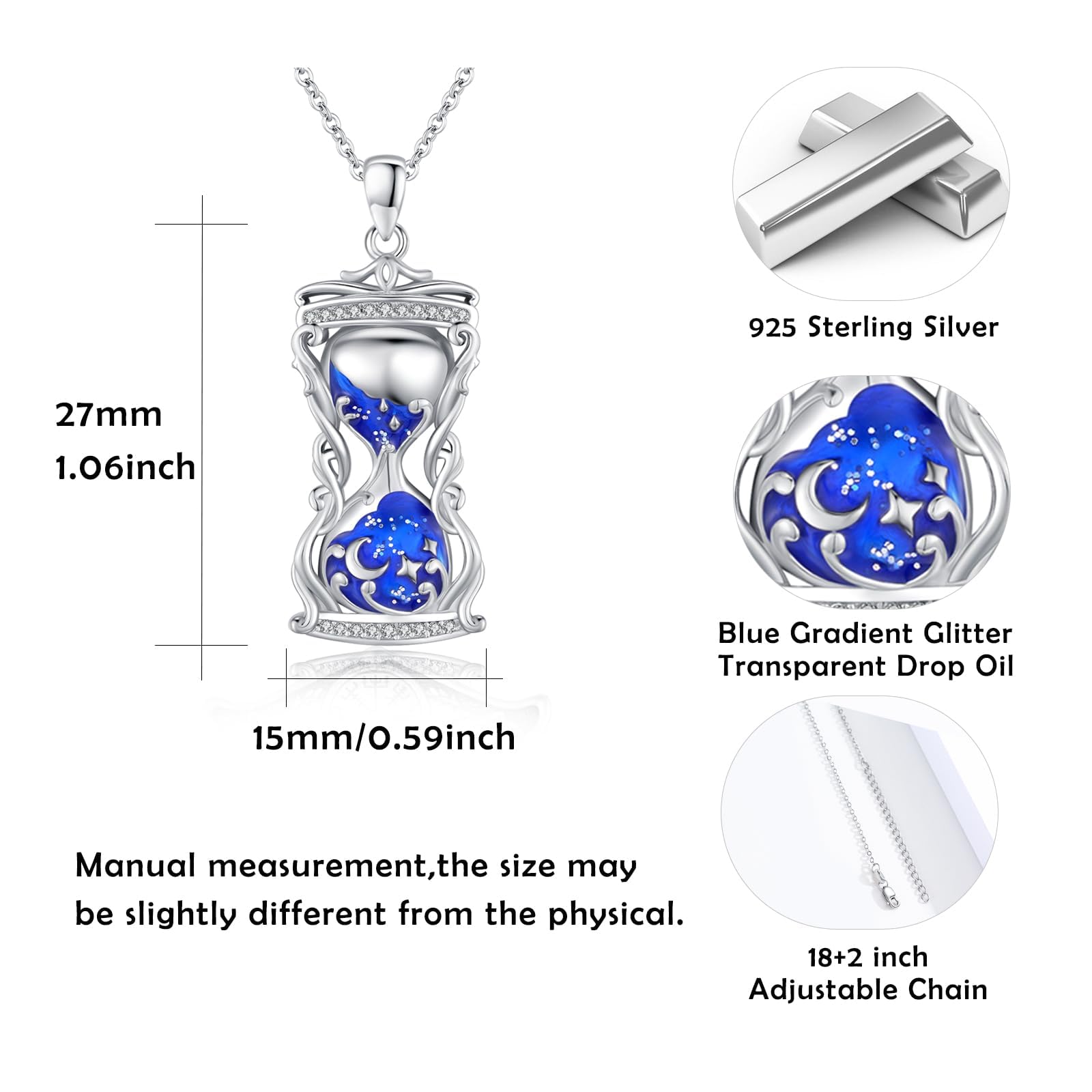 925 Sterling Silver Blue Hourglass Pendant Charm Necklace for Women - Elegant Jewelry Gift for Birthday, Anniversary & Special Occasions