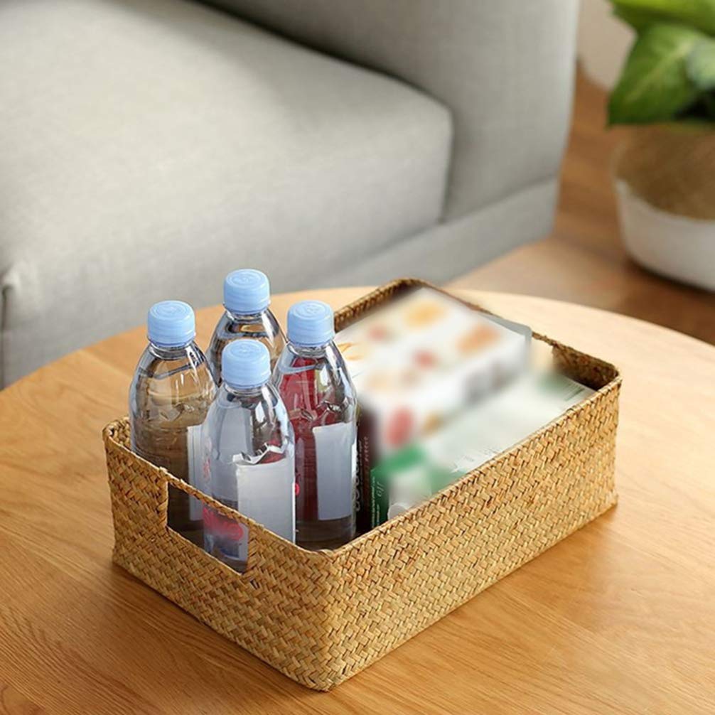 Amosfun Woven Seagrass Storage Basket with Lid - Large & Small Rectangular Organizer for Home, Bathroom, or Office - Handmade Retro Wicker Bin for Sundries, Toys, and Household Items