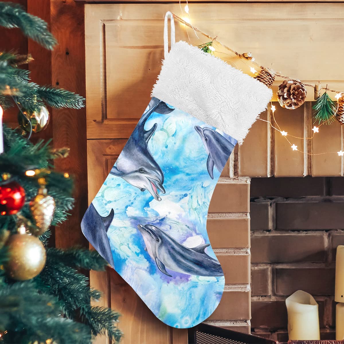 DOMIKING Personalized Large Christmas Stocking - Sea Blue Dolphins Design, Classic Holiday Decor for Family, Party & Festive Season | Perfect for Fireplace Mantel, Gift Exchange & Xmas Decorations