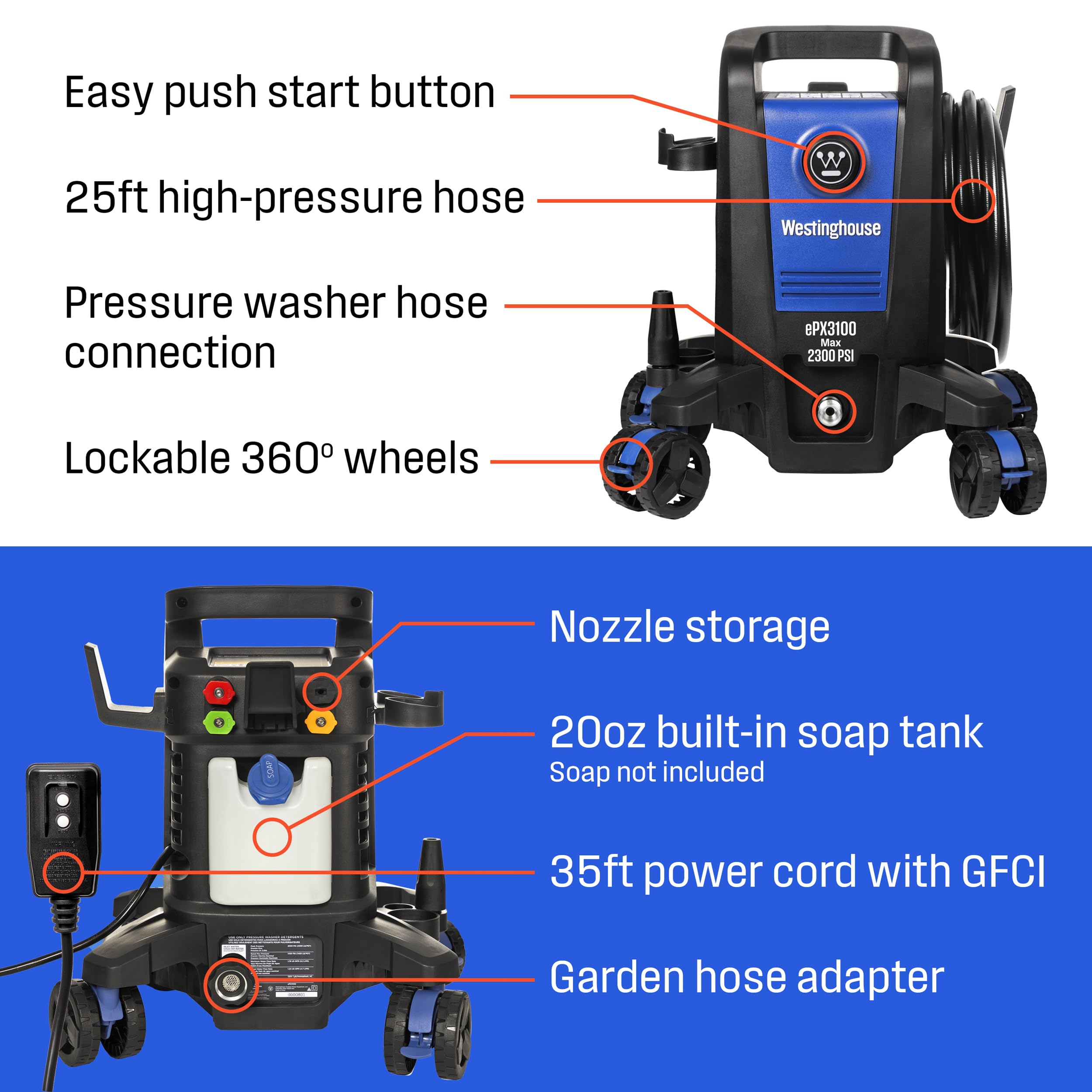 Westinghouse ePX3100 Electric Pressure Washer 2300 PSI 1.76 GPM - Heavy Duty Power Cleaner with Anti-Tipping Tech, Built-in Soap Tank, Pro Steel Wand & 5 Nozzles - Ideal for Driveway, Deck, Patio, Fence, and Home Exterior Cleaning