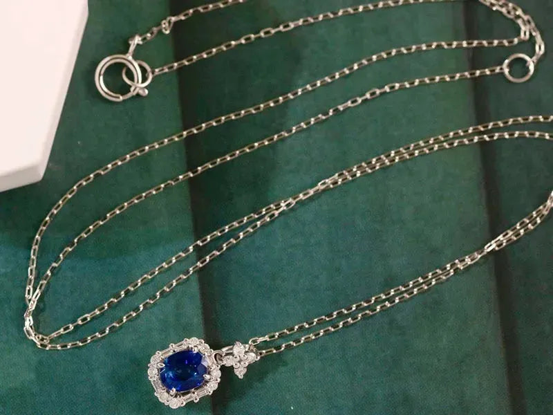 18K White Gold Blue Sapphire and Diamond Pendant Necklace for Women - Elegant Square Shape Jewelry Gift for Anniversary, Birthday & Special Occasions