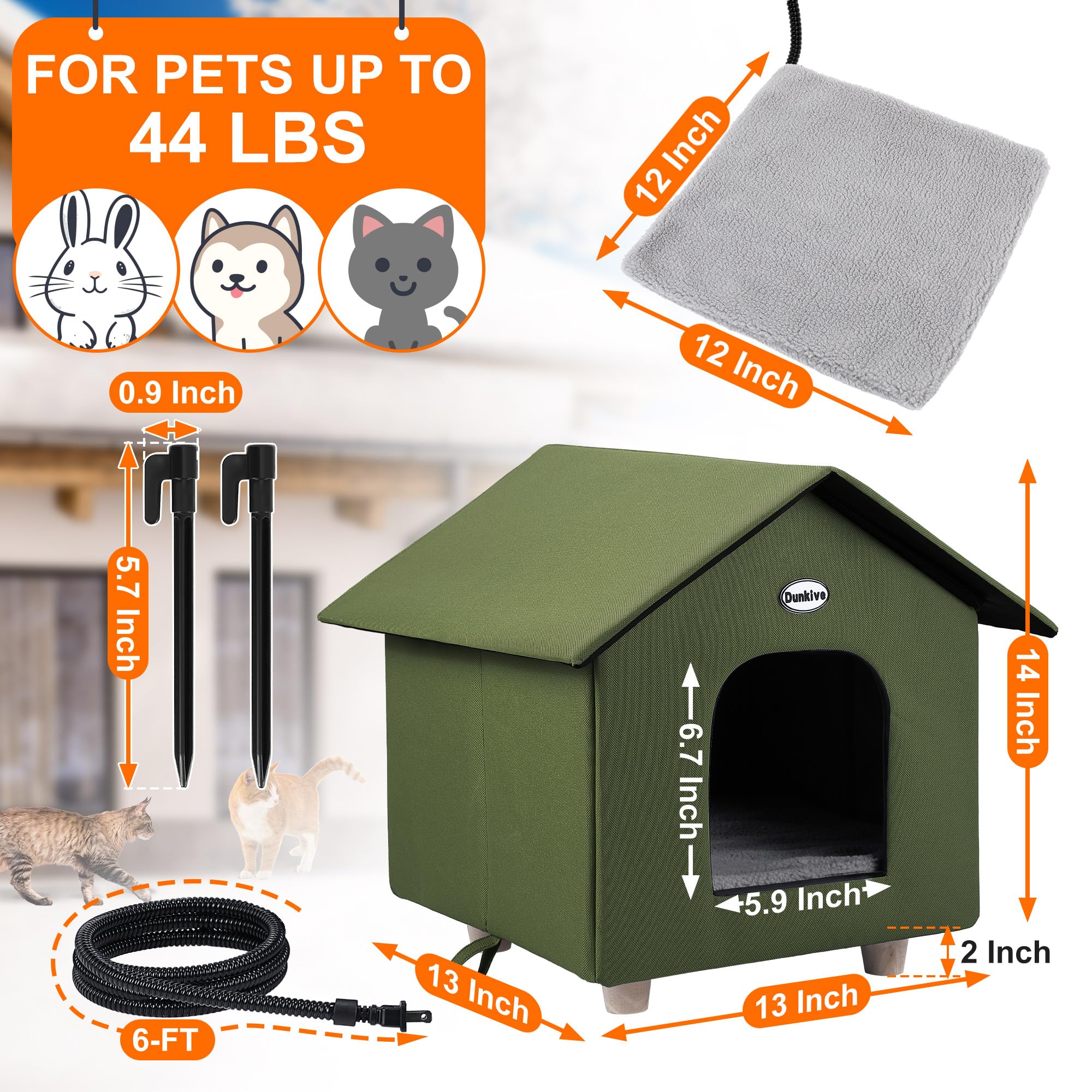 Heated Cat House - Weatherproof Outdoor Shelter with Heated Bed for Winter, Feral Cats & Small Pets - Green