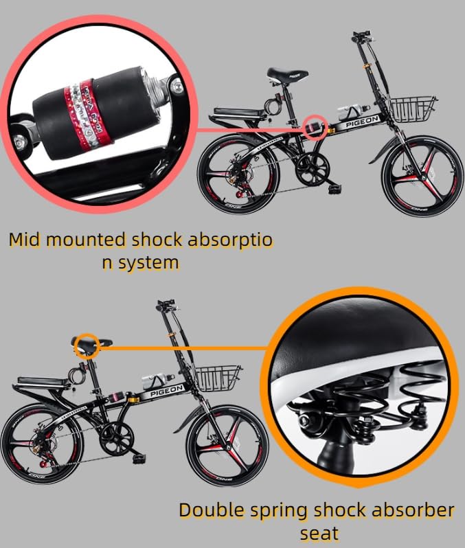 16 Inch Adult Folding Bike - 6-Speed Black Mountain Bike with Double Shock Absorption & 3-Blade Wheels | Commuter Bike for Urban Riding, Camping & Outdoor Adventures
