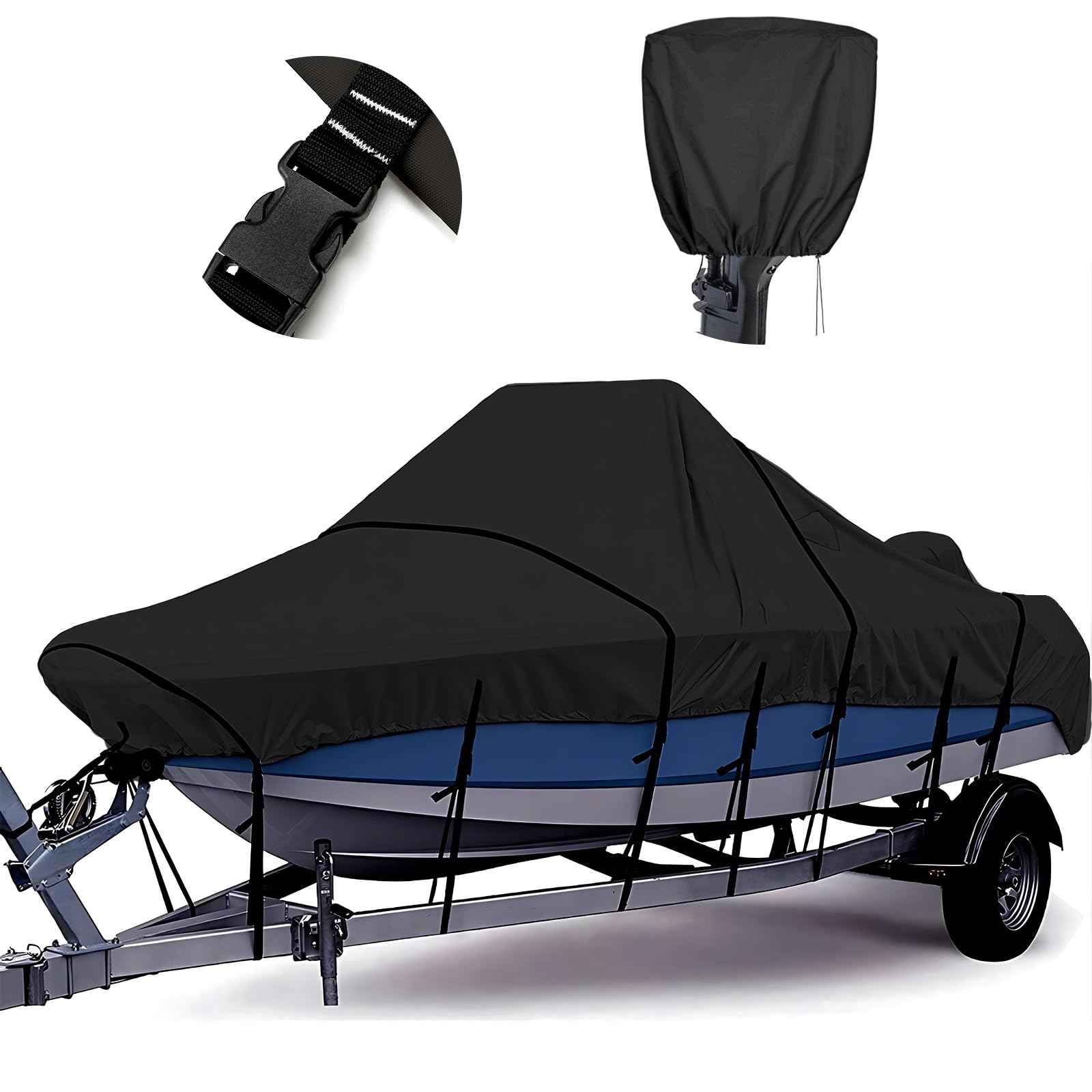 **Tuszom True 900D Heavy-Duty Waterproof Boat Cover for Center Console Boats 16'-18.5' – 100% Waterproof, Tear-Resistant, Trailerable with Motor Cover & 13-19 Windproof Straps (Black, Fits Up to 98