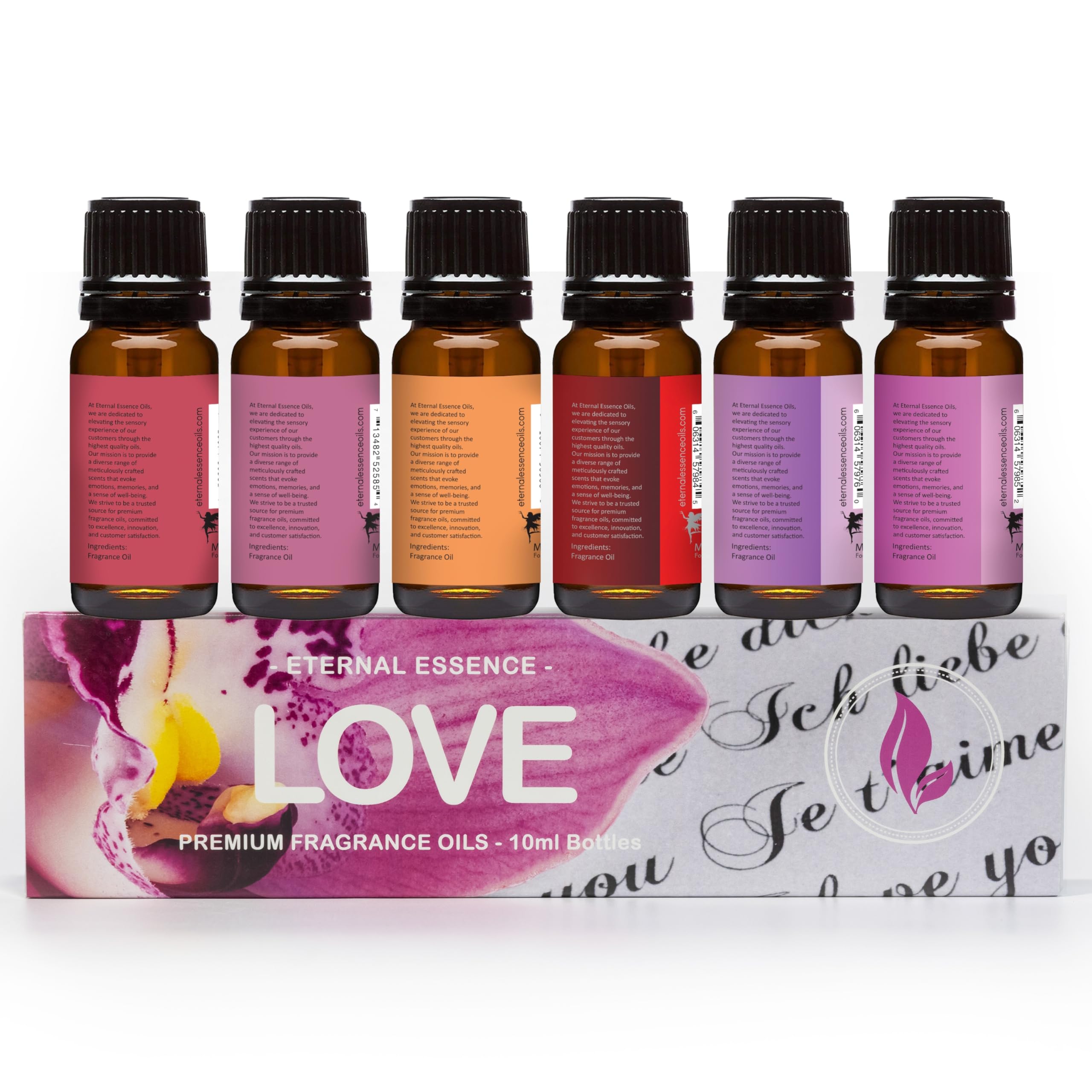 Eternal Essence Oils Love Set - 6 Premium Fragrance Oils (Rose, PS I Love You, Amber Romance, Secret Crush, Forever Yours, Sugar Kiss) - 10ml Bottles for Diffusers, Candle Making, Soap Making & Aromatherapy - Perfect for Romantic Gifts, Home Scenting & Relaxation