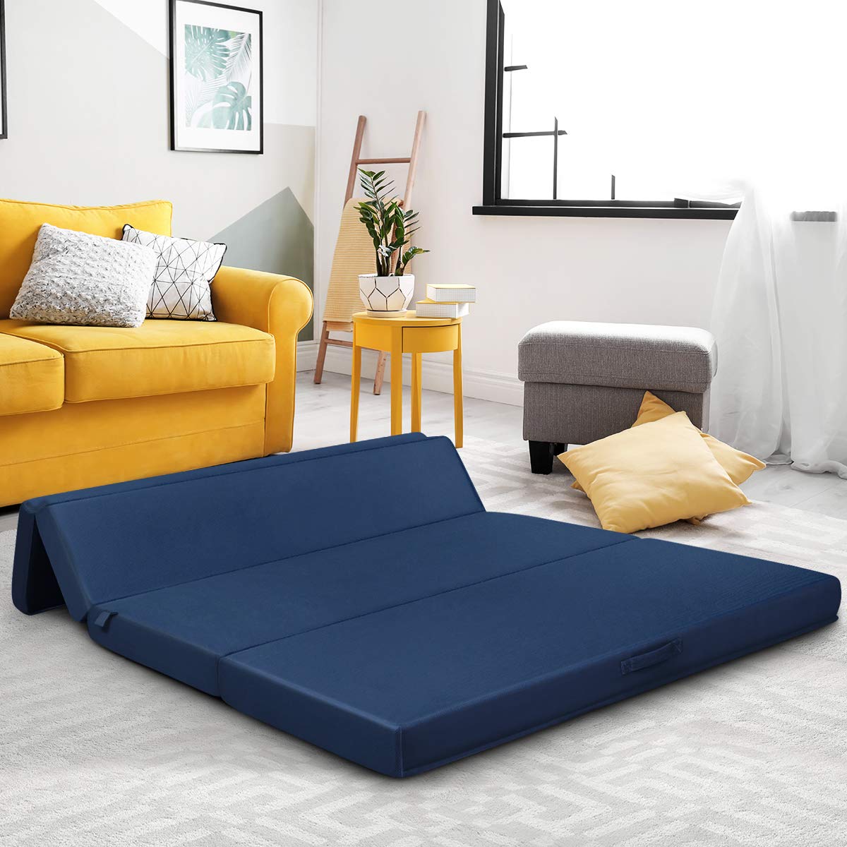 KOMFOTT 4-Inch Tri-Folding Memory Foam Mattress Queen Size - Removable Washable Cover, Foldable Guest Bed for Sofa, Travel & Camping - Navy Blue