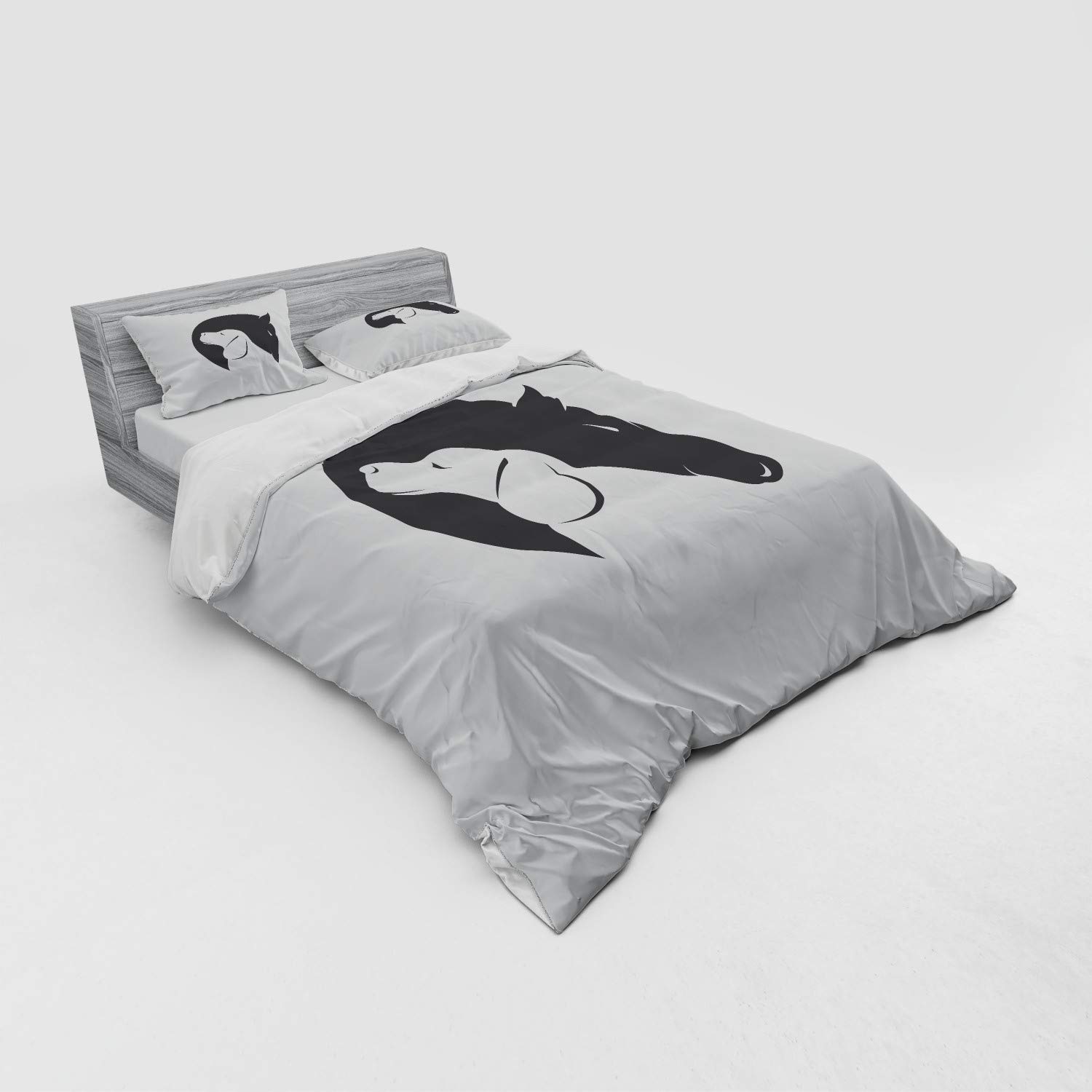 Ambesonne 4-Piece Queen Size Duvet Cover Set - Black & White Animal Print with Dog and Horse Hugging Design, Includes Shams & Fitted Sheet | Contemporary Bedding for Pet Lovers, Perfect for Master Bedroom or Guest Room