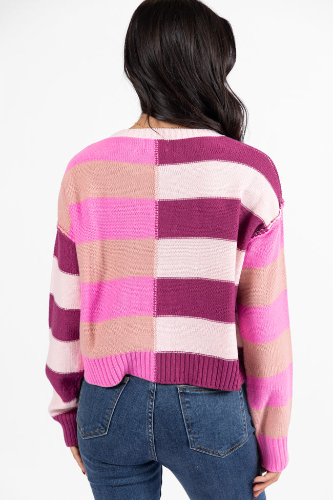 Stylish Pink & Berry Color Block Striped Crop Sweater for Women | Trendy Casual Wear for Spring & Fall | Perfect for Dates, Outings & Layering