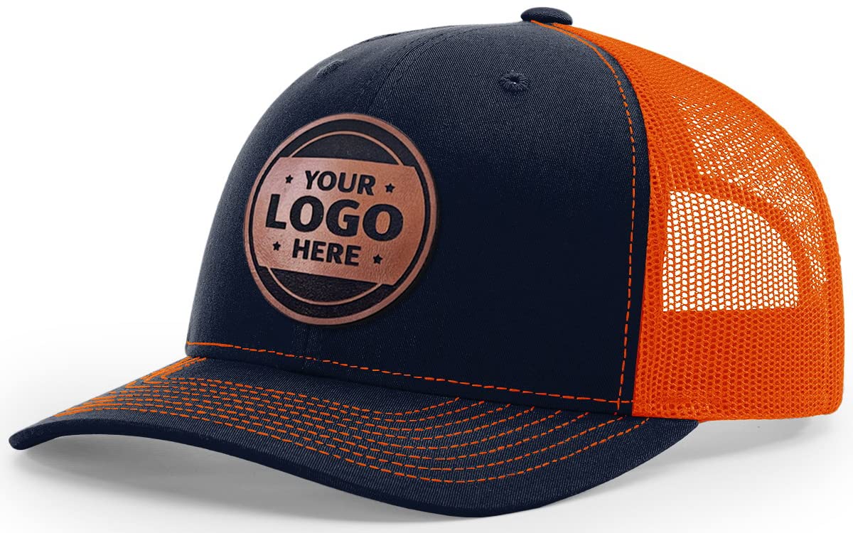 Custom Trucker Leather Patch Hat with Laser Engraving - Navy/Orange Color - Perfect for Outdoor Activities, Road Trips & Casual Wear