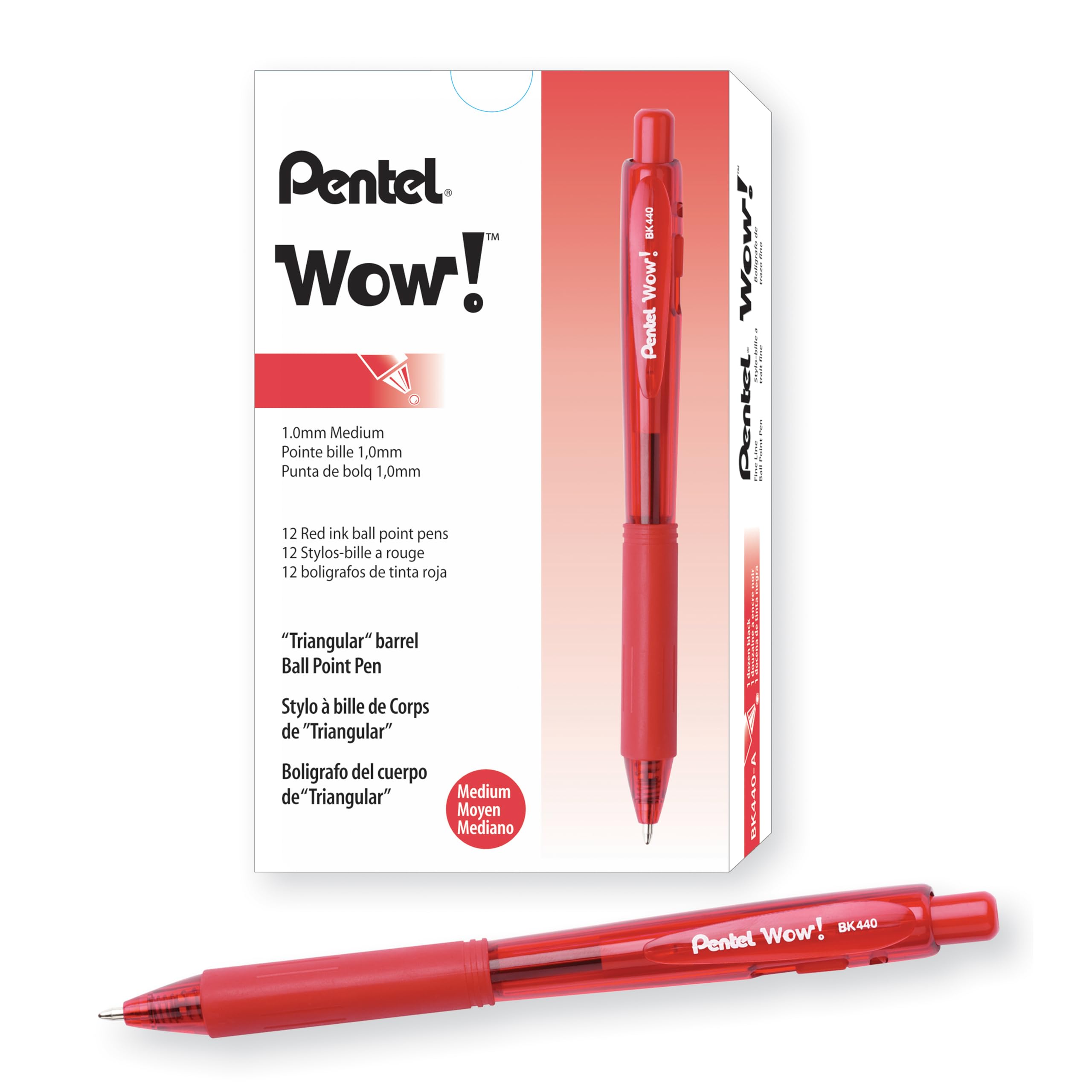 Pentel WOW Retractable Ballpoint Pens - Medium Point 1.0mm, 12 Pack - Transparent Red Barrels with Red Ink - Perfect for Office, School & Note Taking