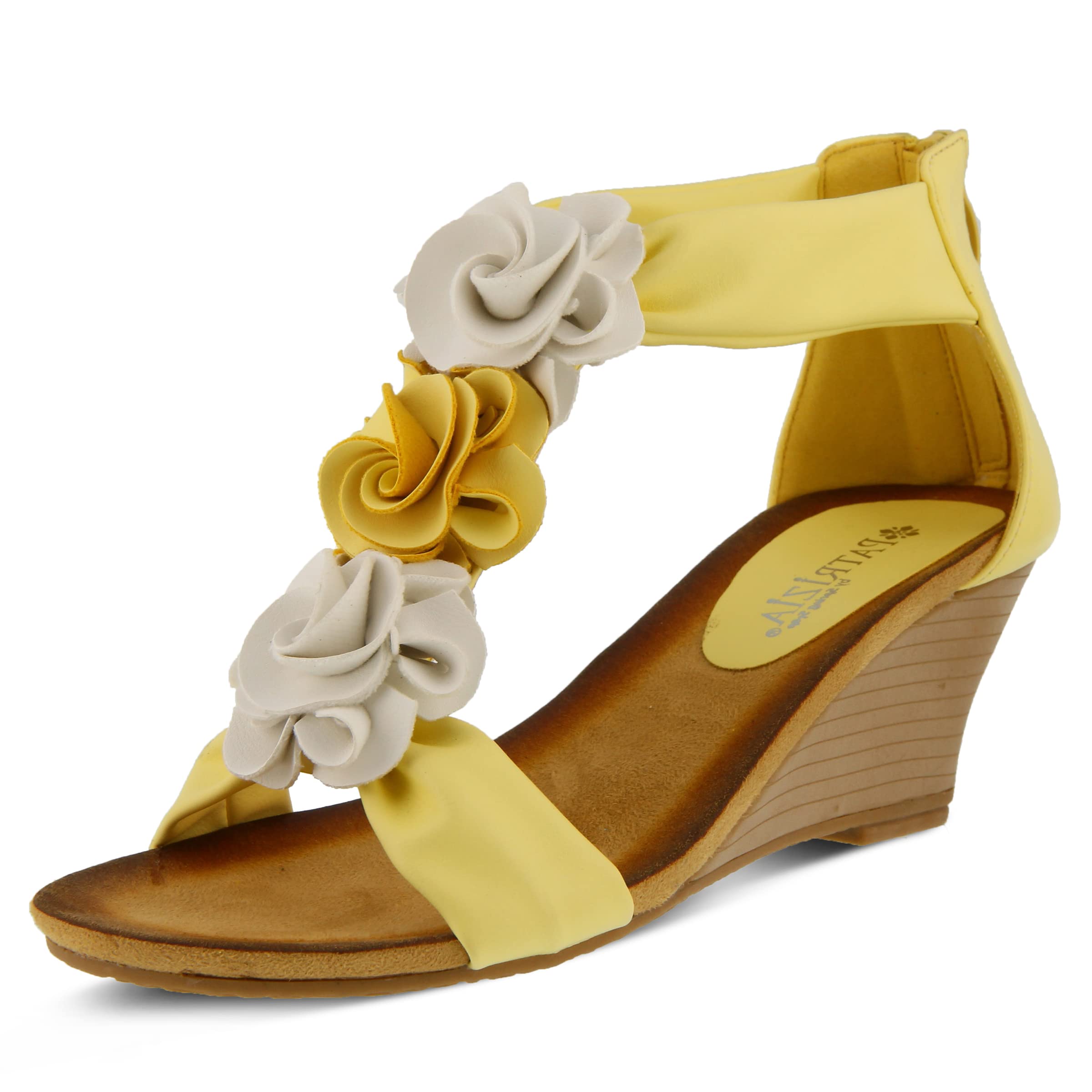 PATRIZIA Women's HARLEQUIN T-Strap Wedge Sandals with Floral Accents - Back Zipper Closure & Cushioned Comfort for Walking, Summer Outfits & Casual Occasions