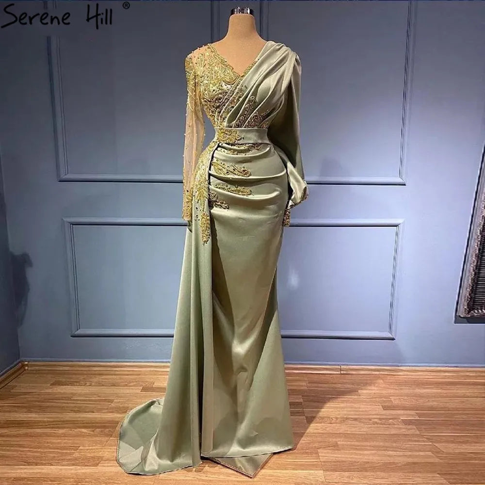 Elegant Beaded Satin Overskirt Evening Dress Gown for Women - Plus Size Muslim Mint Mermaid Style Party Wear (LA71278) | Perfect for Weddings, Prom, and Formal Events
