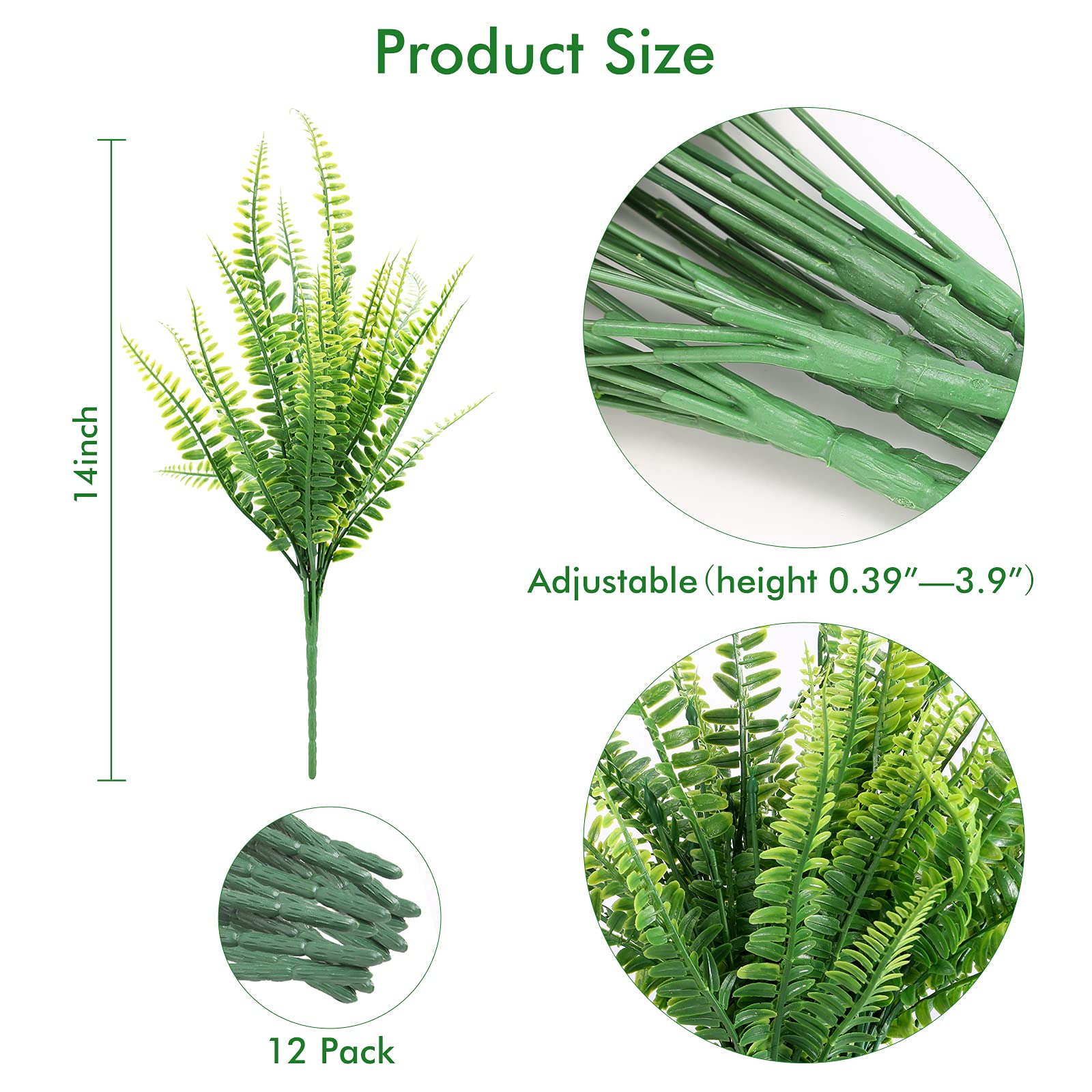 12 Bundles Artificial Boston Fern Plants - UV Resistant Faux Greenery for Outdoor Garden, Porch & Window Box Decor - Perfect for Patio, Balcony & Home Landscaping