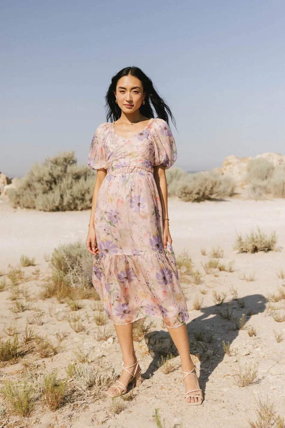 Angelique Floral Tie Dress in Pink - Women's Summer Flowy Midi Dress with Belt | Perfect for Weddings, Parties & Beach Vacations